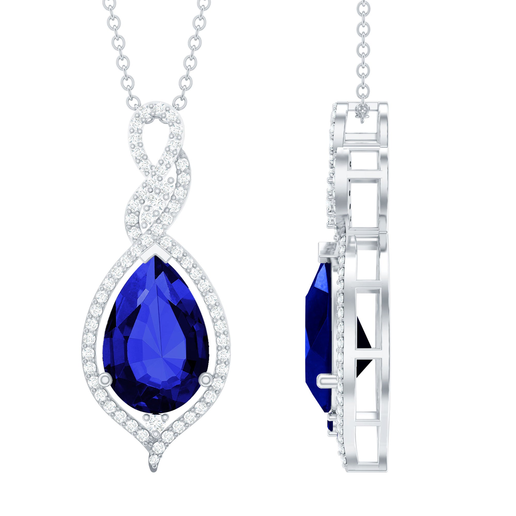 Rosec Jewels-Certified 7X10mm Lab Grown Blue Sapphire Teardrop Necklace with Moissanite