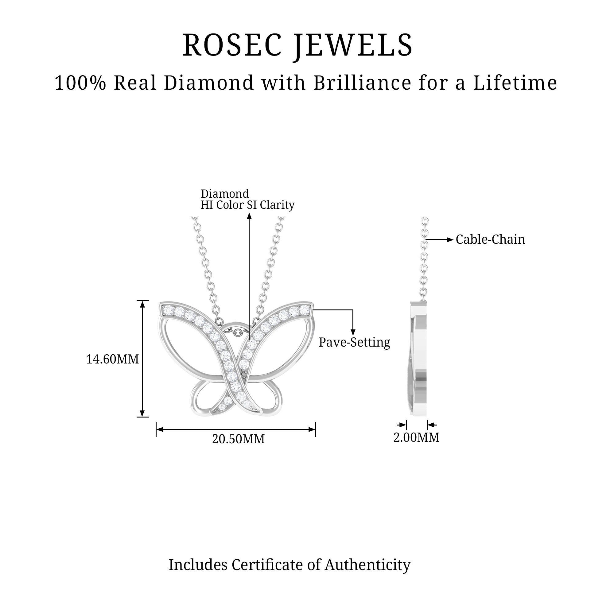 Rosec Jewels-0.25 CT Butterfly Pendant Necklace with Diamond