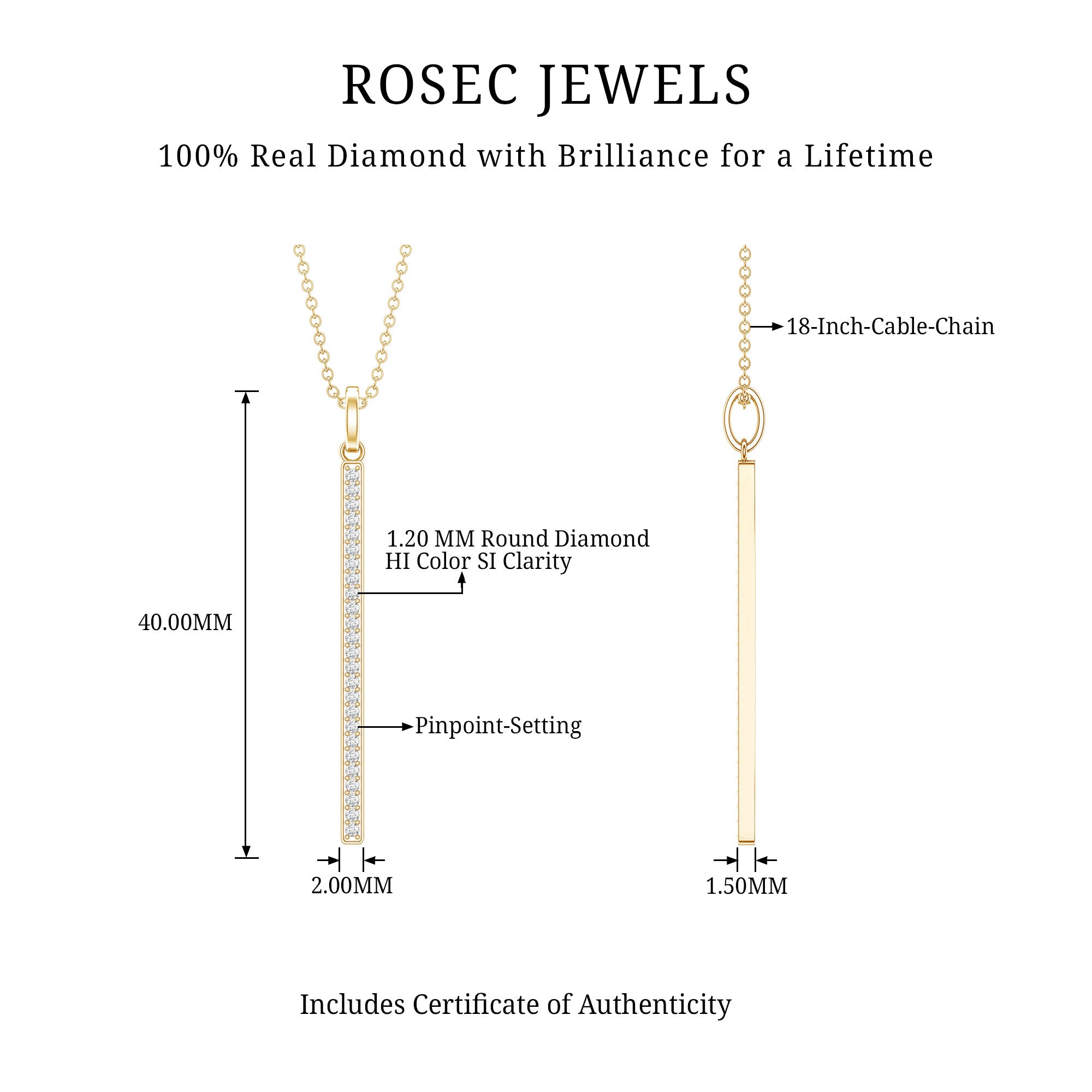 Round Cut Diamond Bar Necklace For Women Natural - ( HI-SI ) - Rosec Jewels
