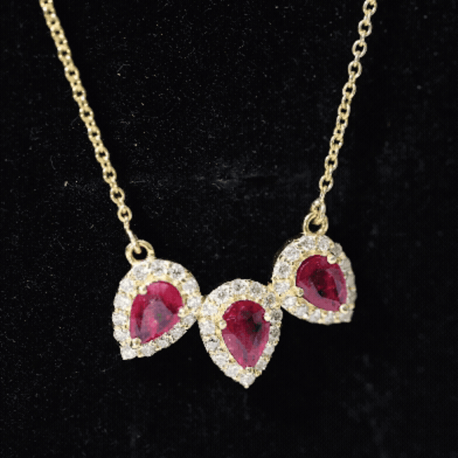 Pear Cut Lab Created Ruby Three Stone Necklace with Moissanite Halo AAAA - Rosec Jewels