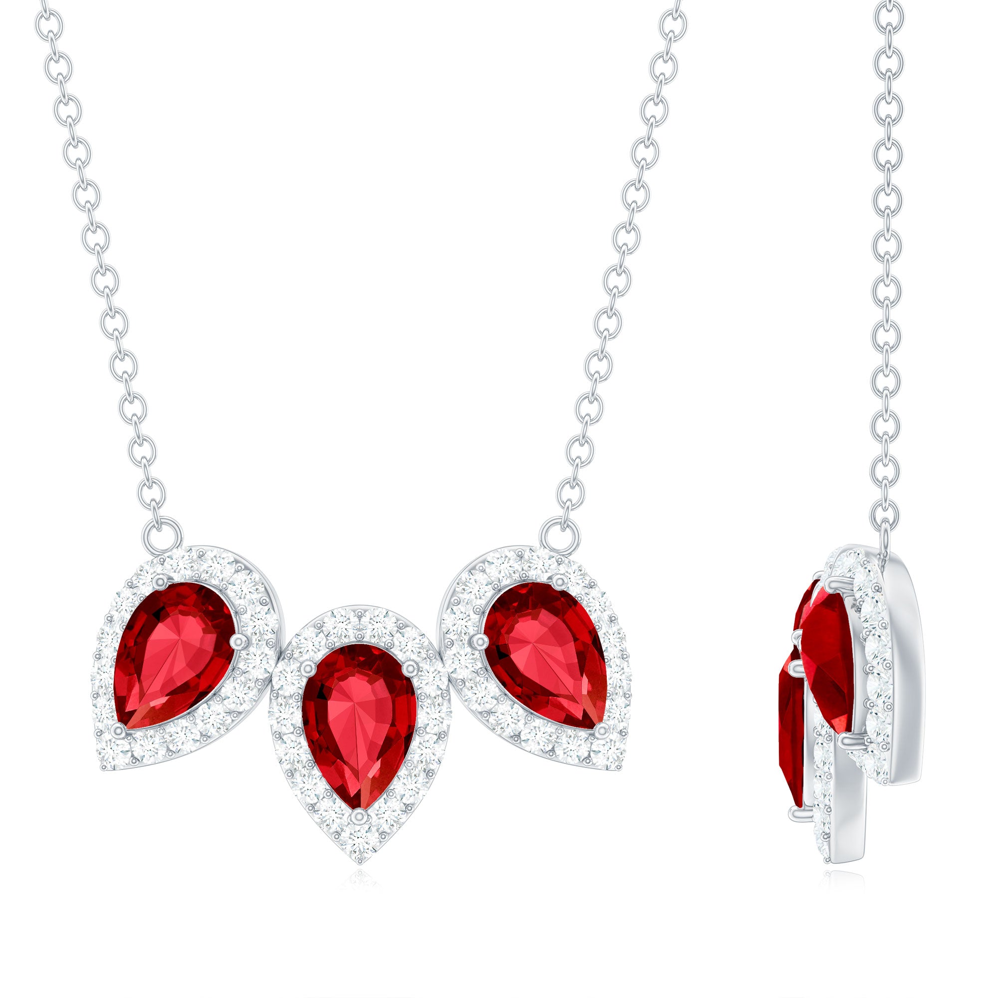 Three Pear Cut Created Ruby and Moissanite Halo Leaf Necklace