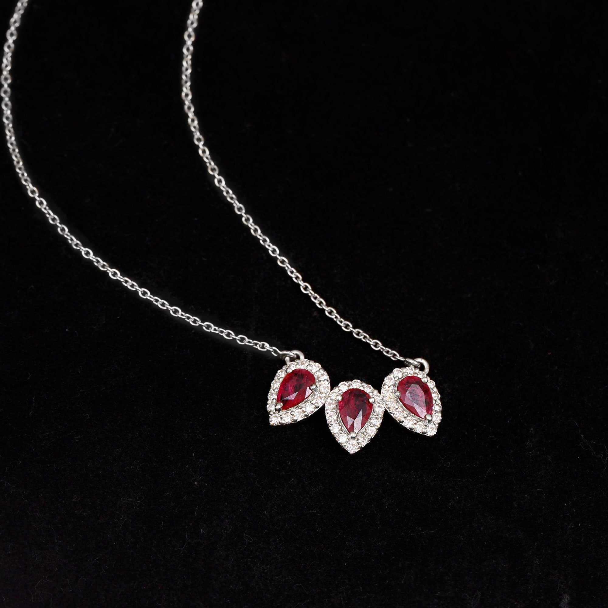 Pear Cut Lab Created Ruby Three Stone Necklace with Moissanite Halo AAAA - Rosec Jewels