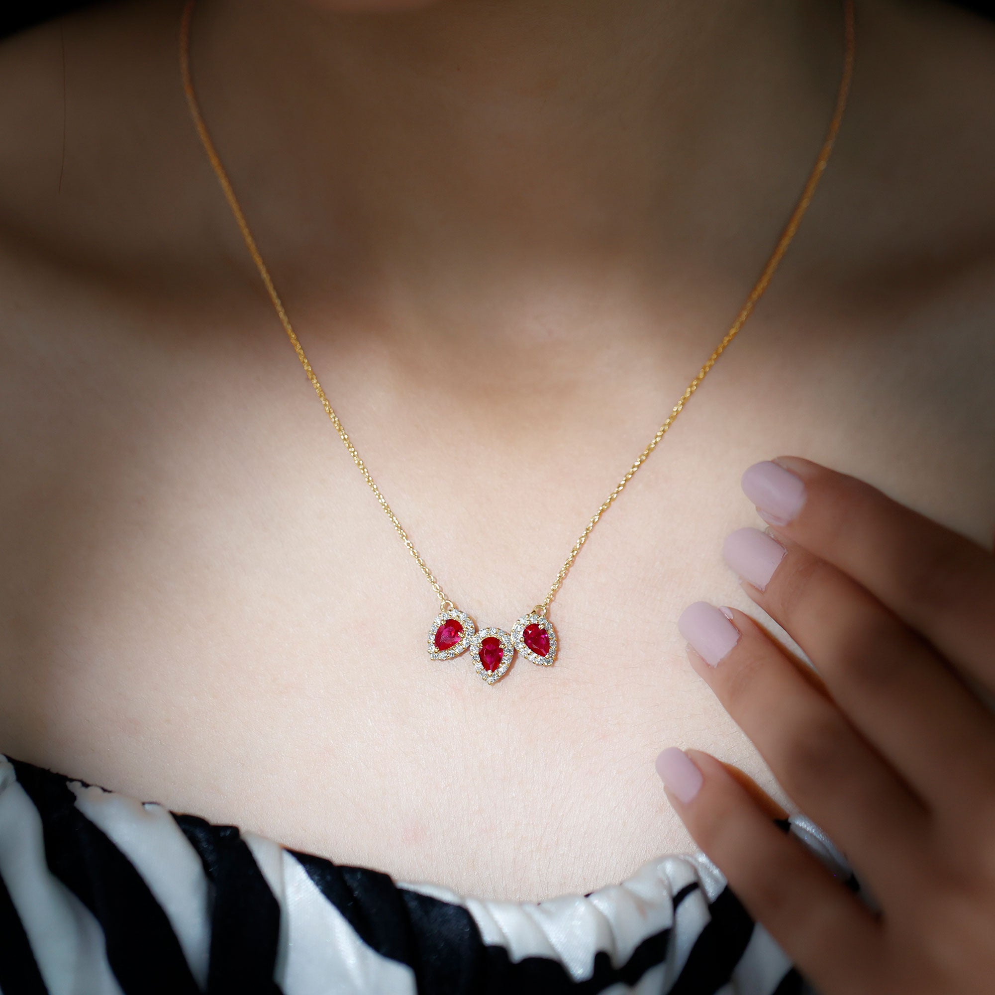 Pear Cut Lab Created Ruby Three Stone Necklace with Moissanite Halo AAAA - Rosec Jewels