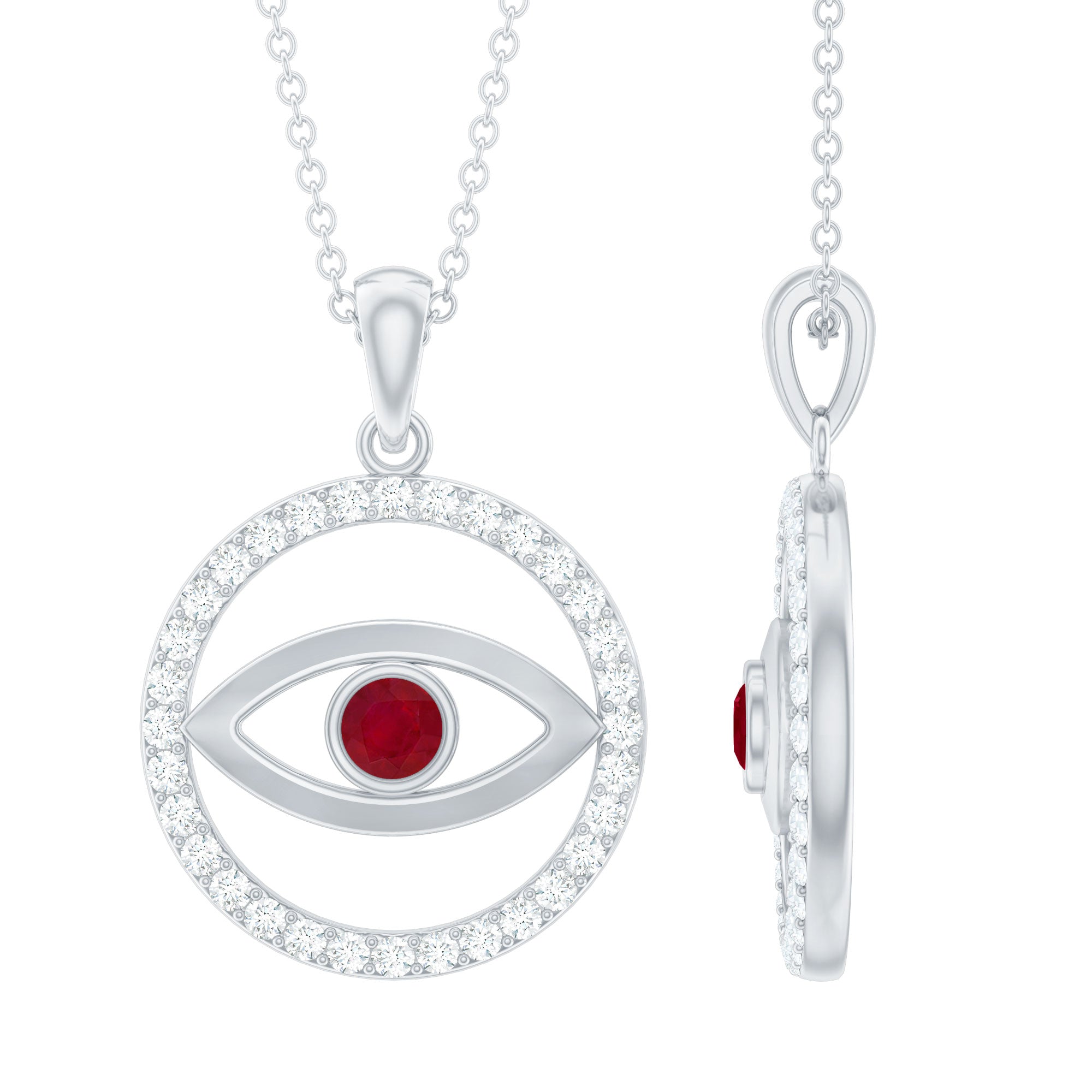 Real Ruby and Diamond Evil Eye Pendant Necklace