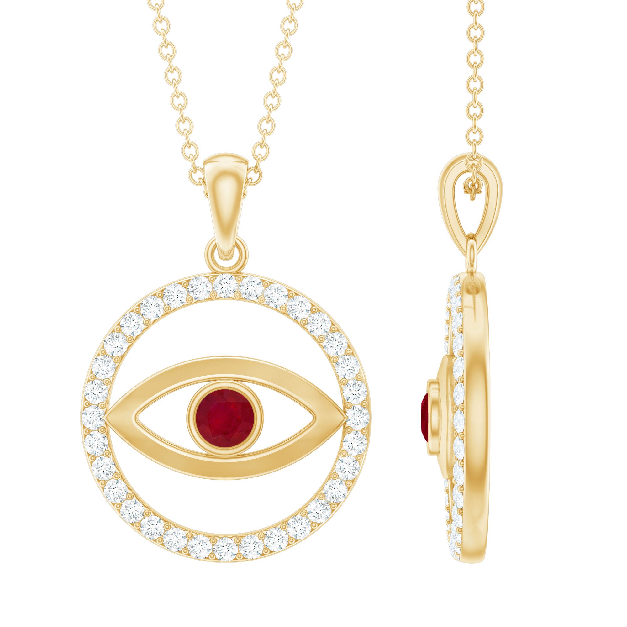 Real Ruby and Diamond Evil Eye Pendant Necklace AAA - Rosec Jewels