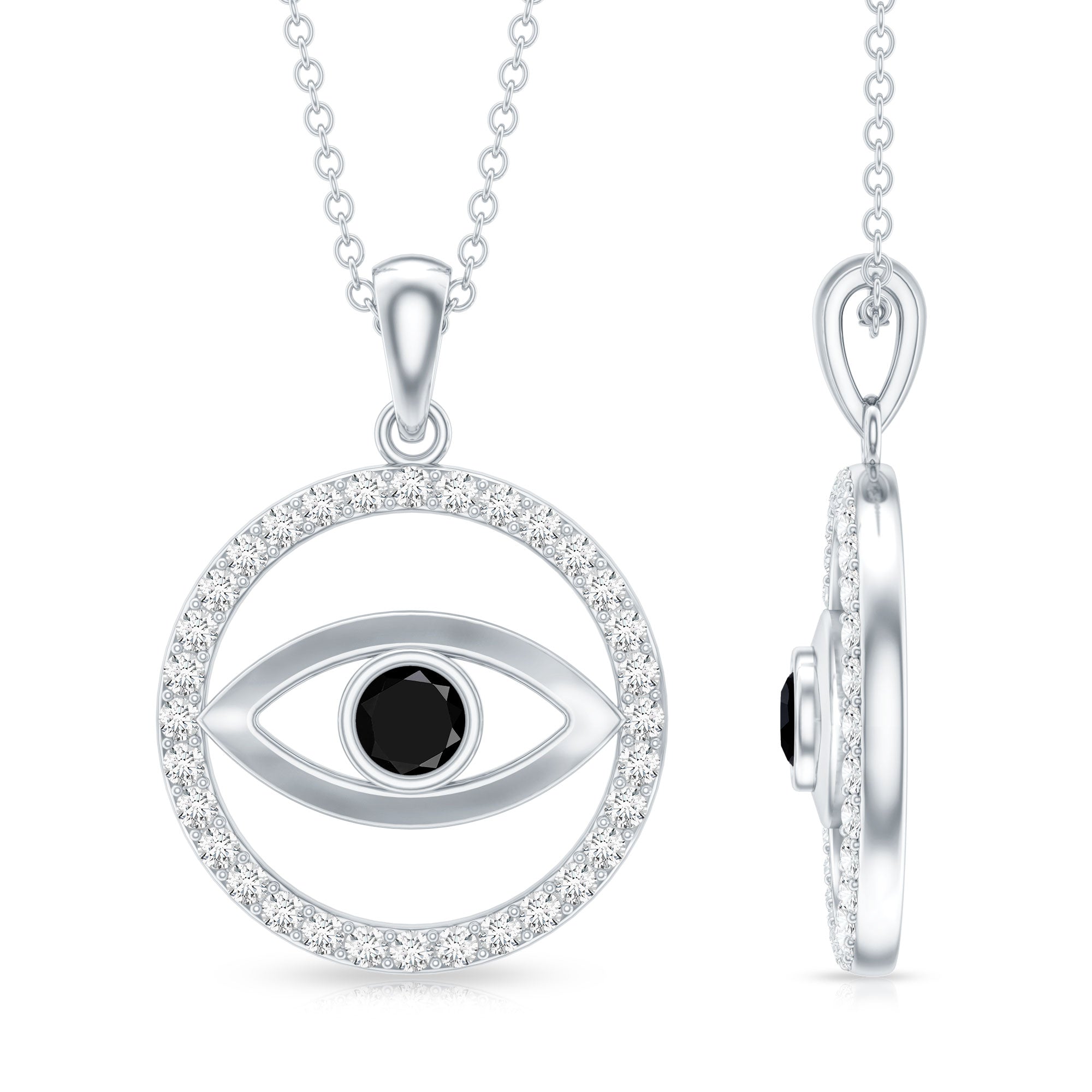 Lab Created Black Diamond Evil Eye Necklace with Moissanite AAAA ( Synthetic ) - Rosec Jewels