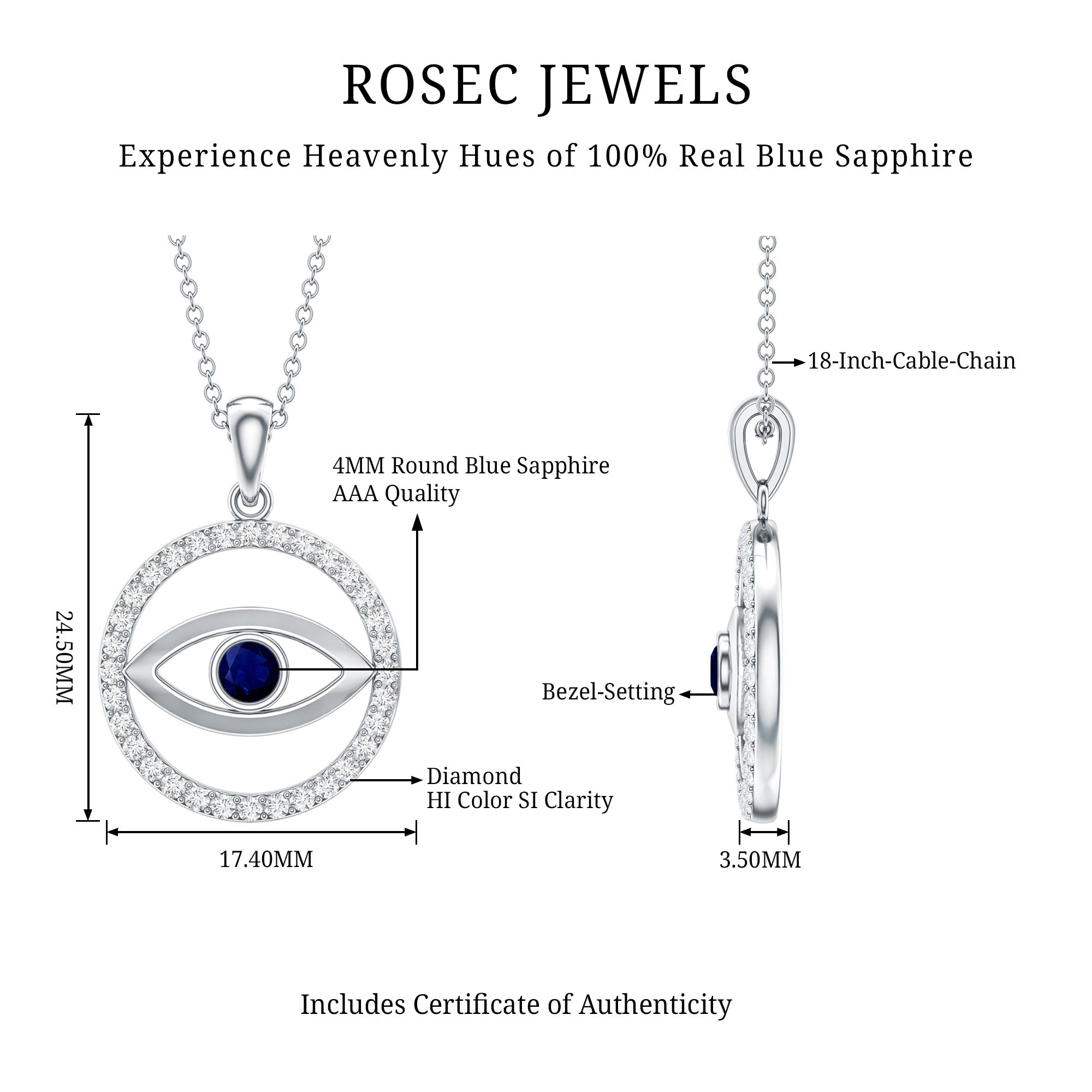 Blue Sapphire and Diamond Evil Eye Eternity Necklace AAA - Rosec Jewels