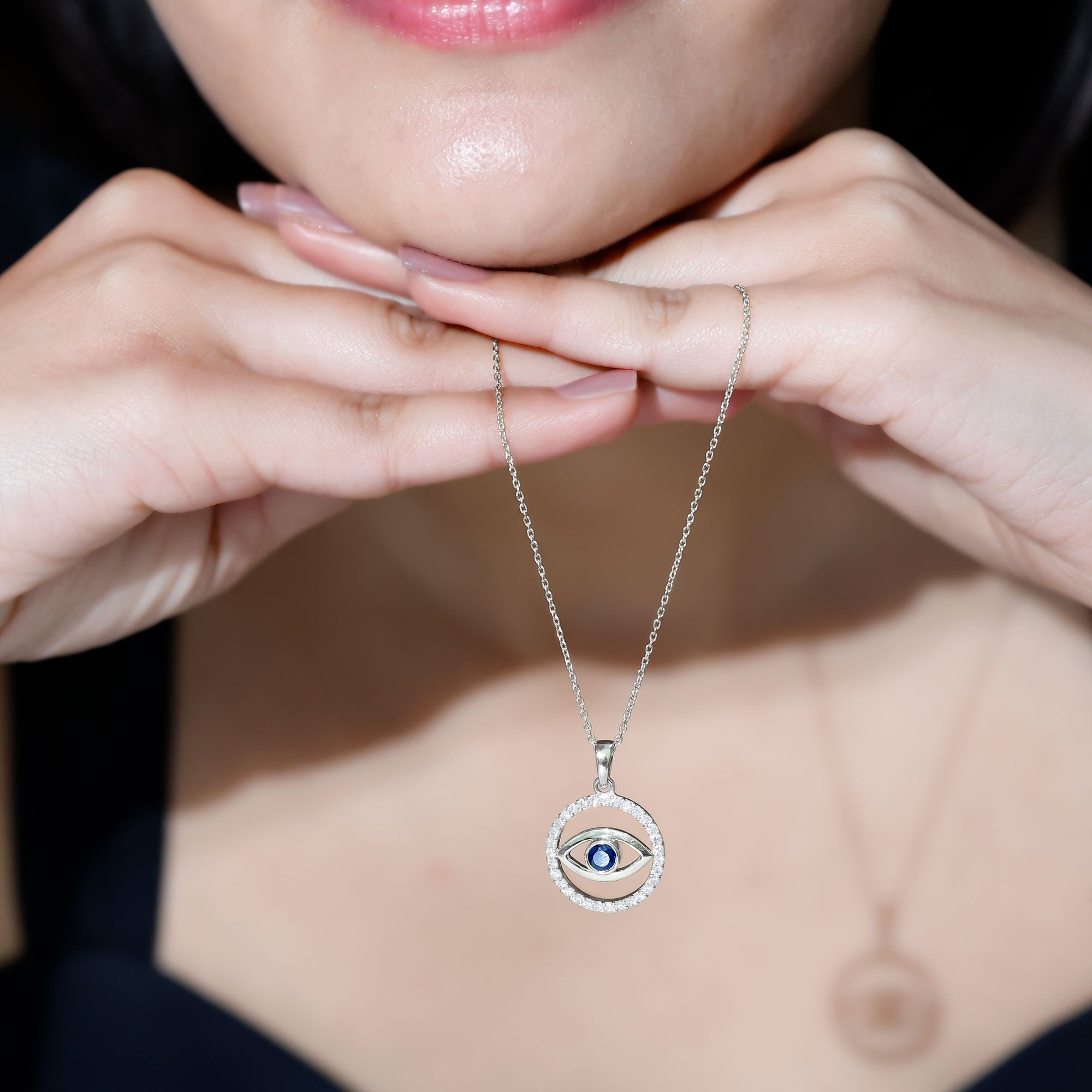 Blue Sapphire and Diamond Evil Eye Eternity Necklace AAA - Rosec Jewels
