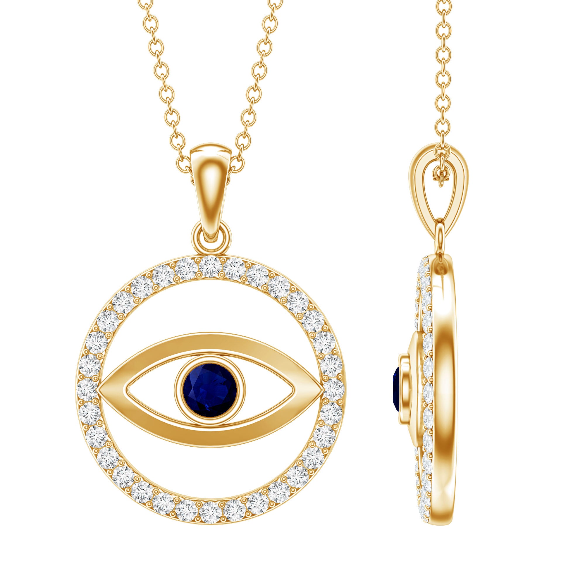Blue Sapphire and Diamond Evil Eye Eternity Necklace AAA - Rosec Jewels