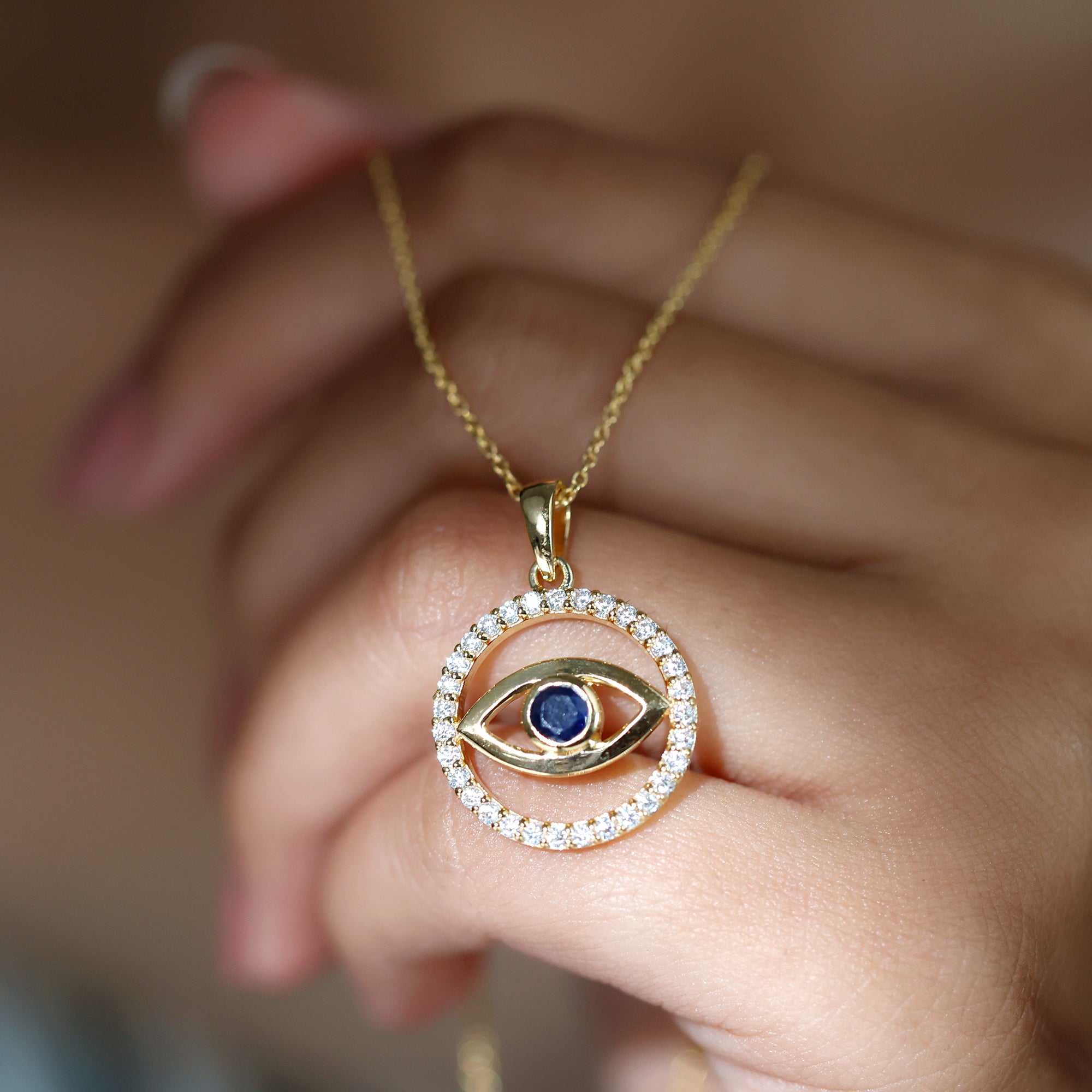 Blue Sapphire and Diamond Evil Eye Eternity Necklace AAA - Rosec Jewels