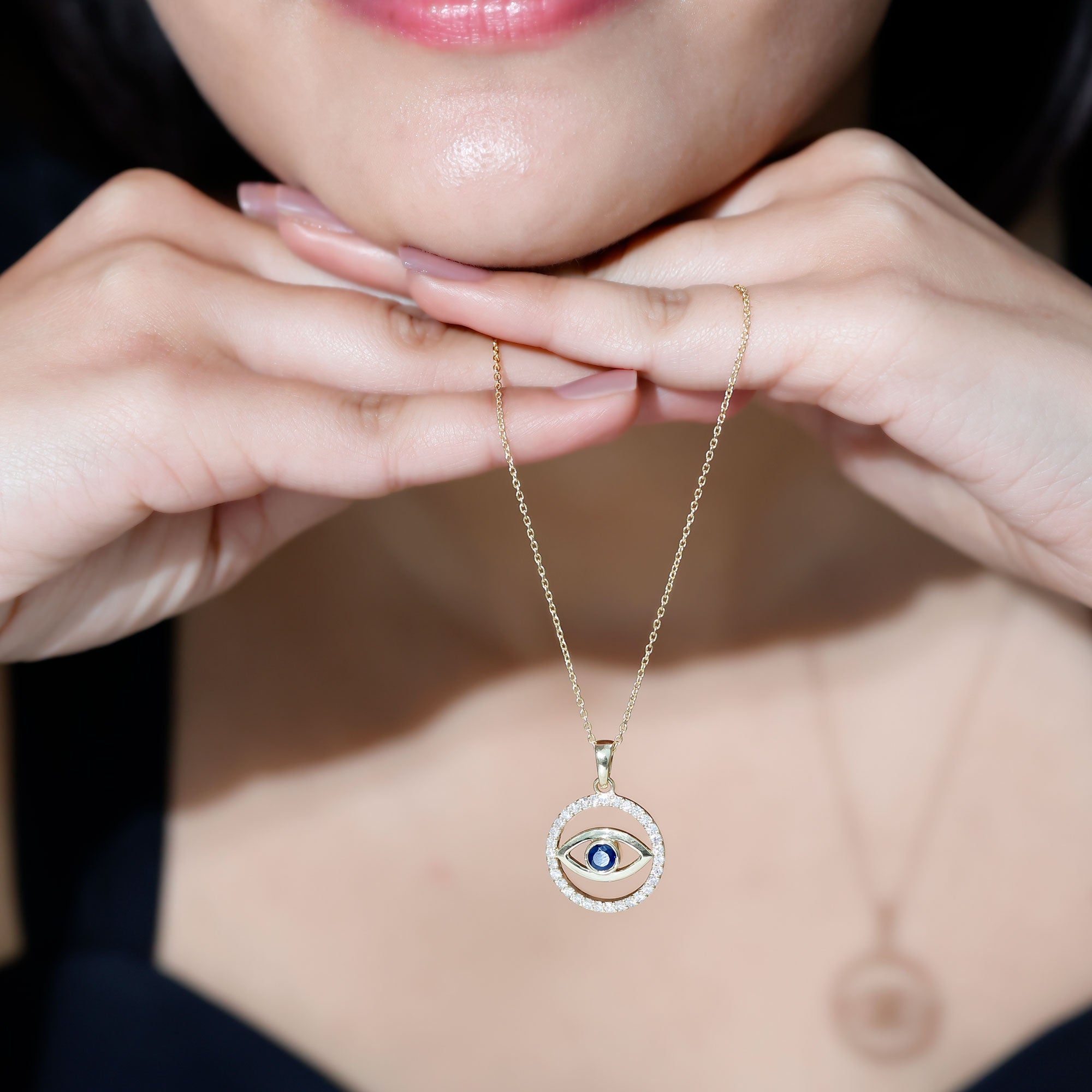Blue Sapphire and Diamond Evil Eye Eternity Necklace AAA - Rosec Jewels
