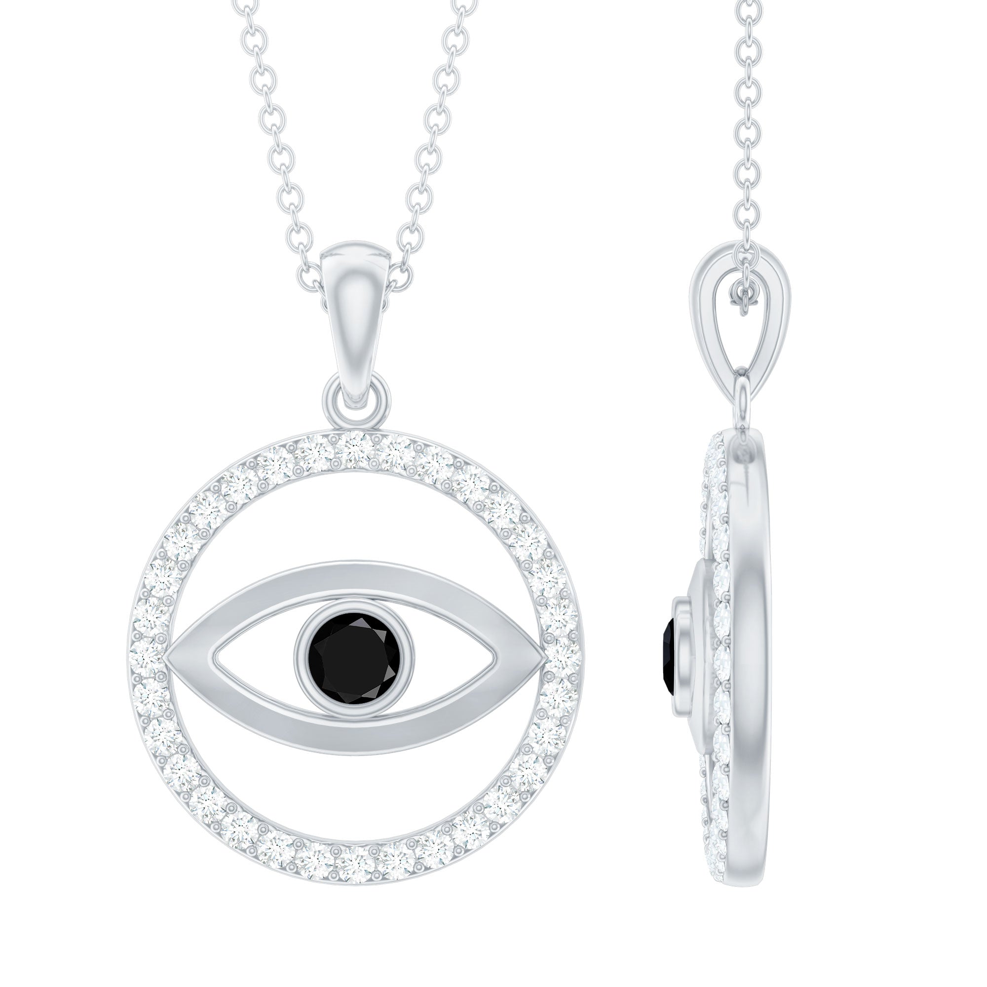 Black Onyx Evil Eye Pendant with Moissanite Eternity Circle AAA - Rosec Jewels