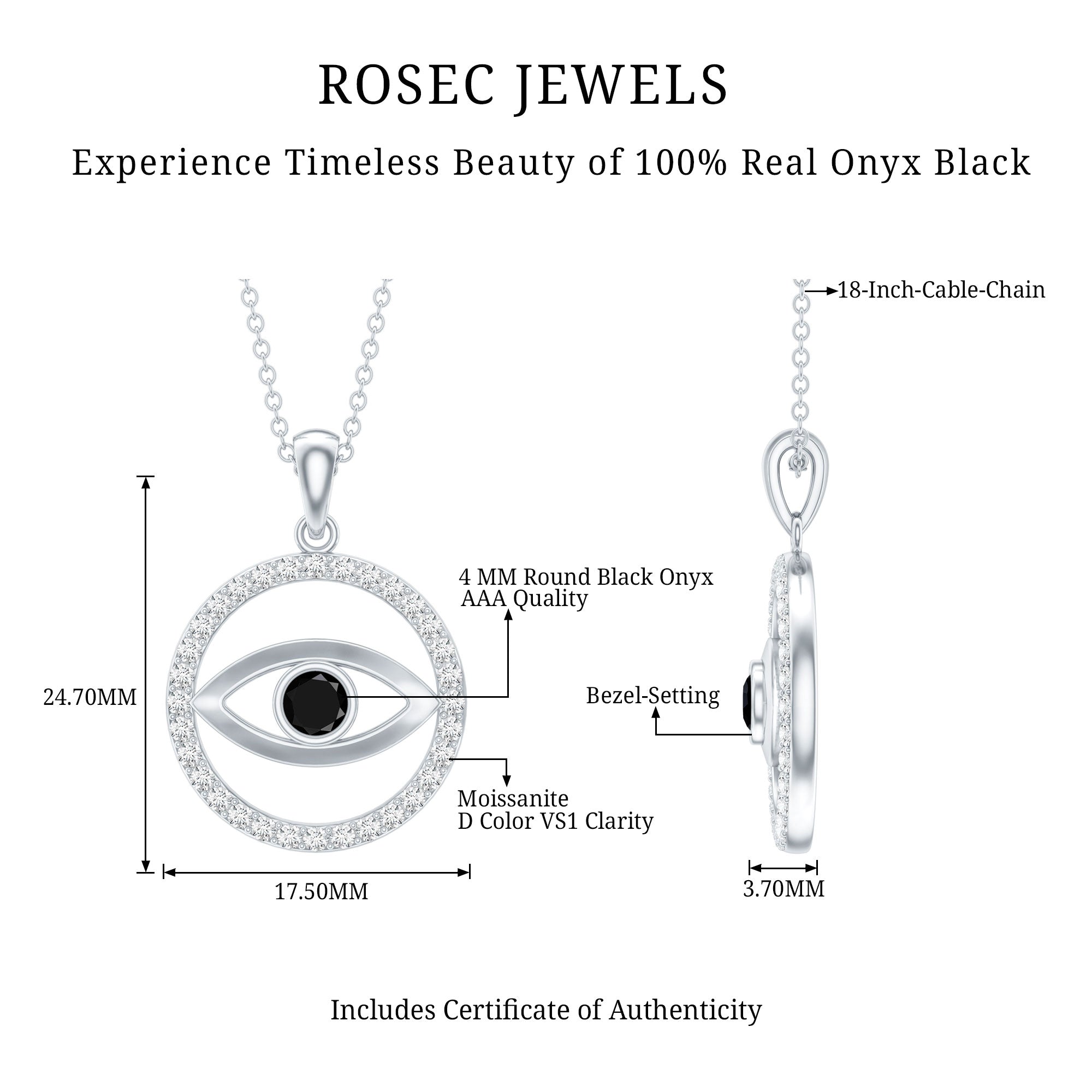 Black Onyx Evil Eye Pendant with Moissanite Eternity Circle AAA - Rosec Jewels