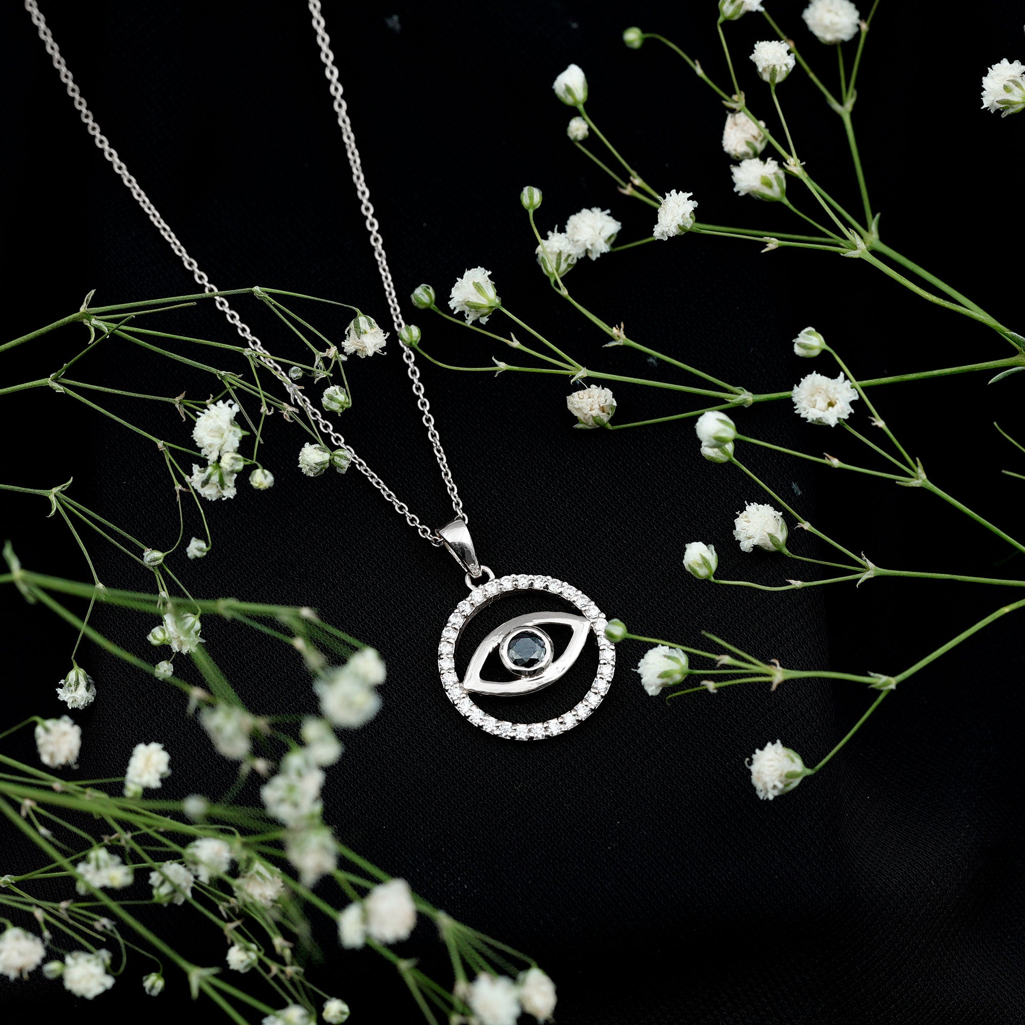 Black Onyx Evil Eye Pendant with Moissanite Eternity Circle AAA - Rosec Jewels