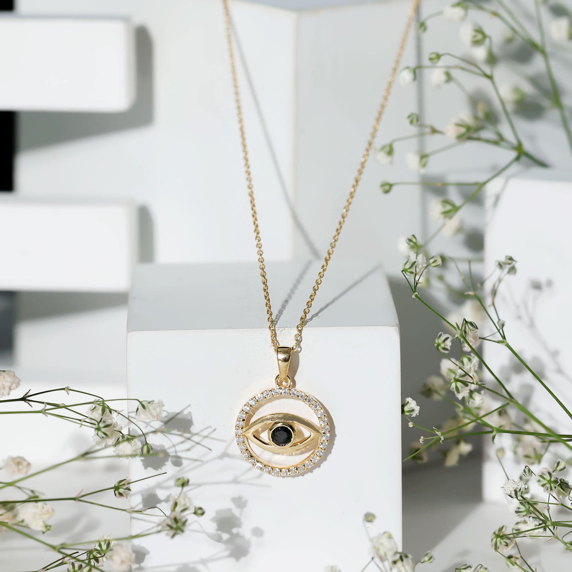 Black Onyx Evil Eye Pendant with Moissanite Eternity Circle AAA - Rosec Jewels