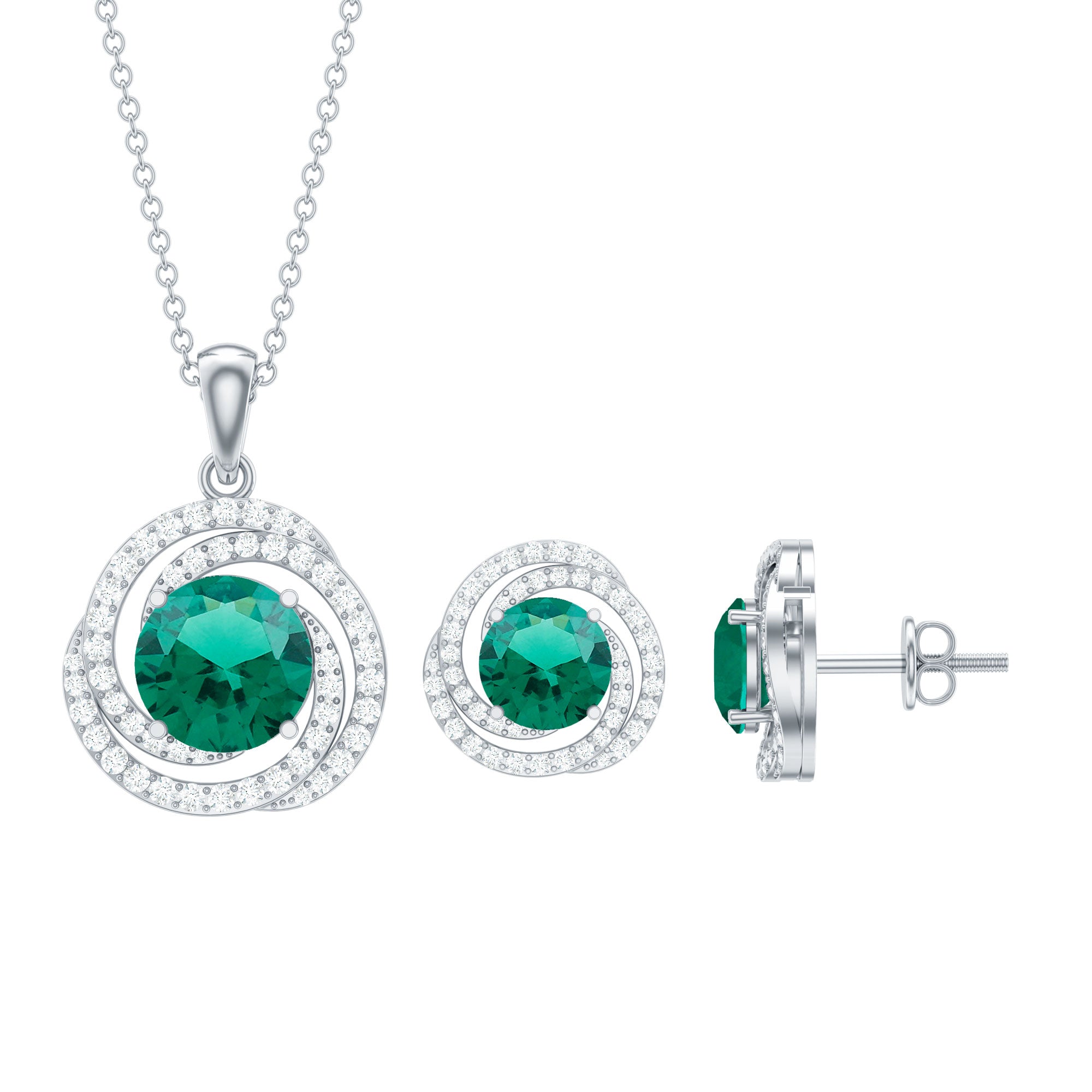 Created Emerald Swirl Pendant And Earrings Set With Moissanite