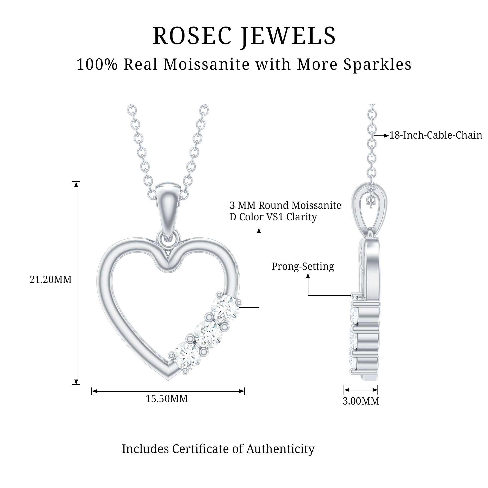 Simple Moissanite Open Heart Pendant Necklace D-VS1 - Rosec Jewels