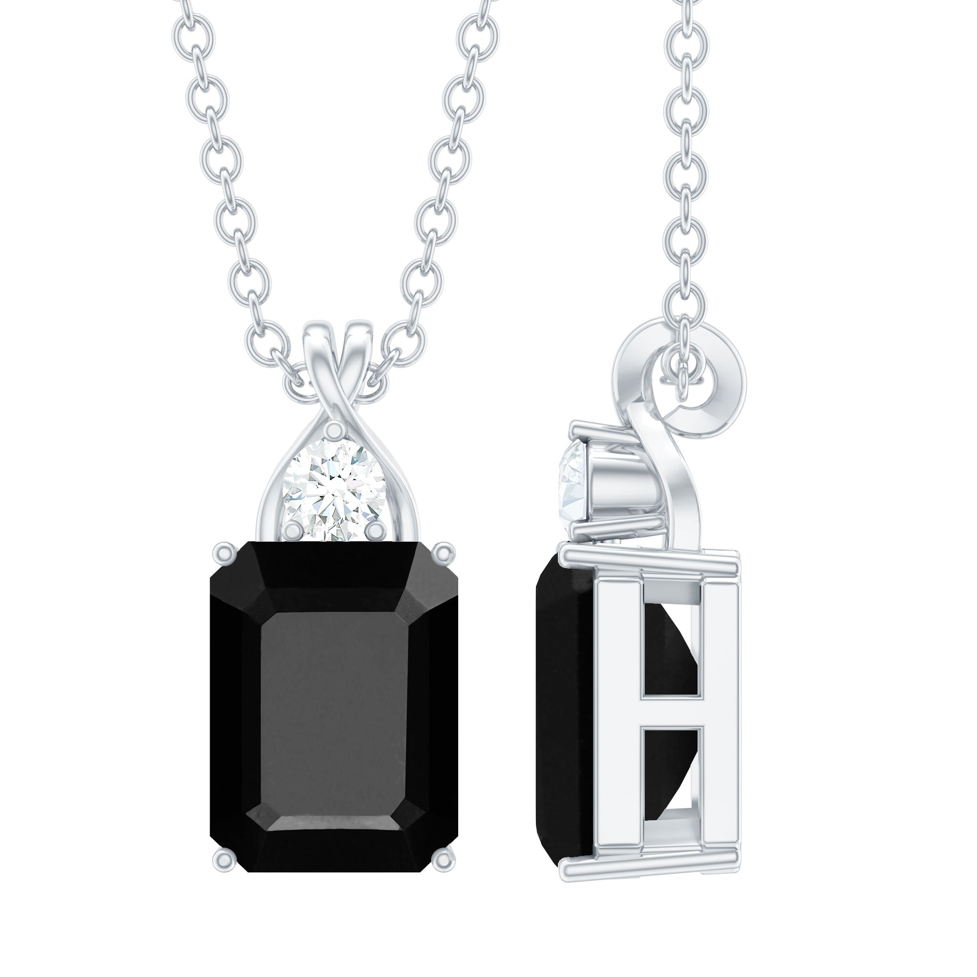 Natural 2 CT Black Onyx Emerald Cut Necklace With Chain AAA - Rosec Jewels