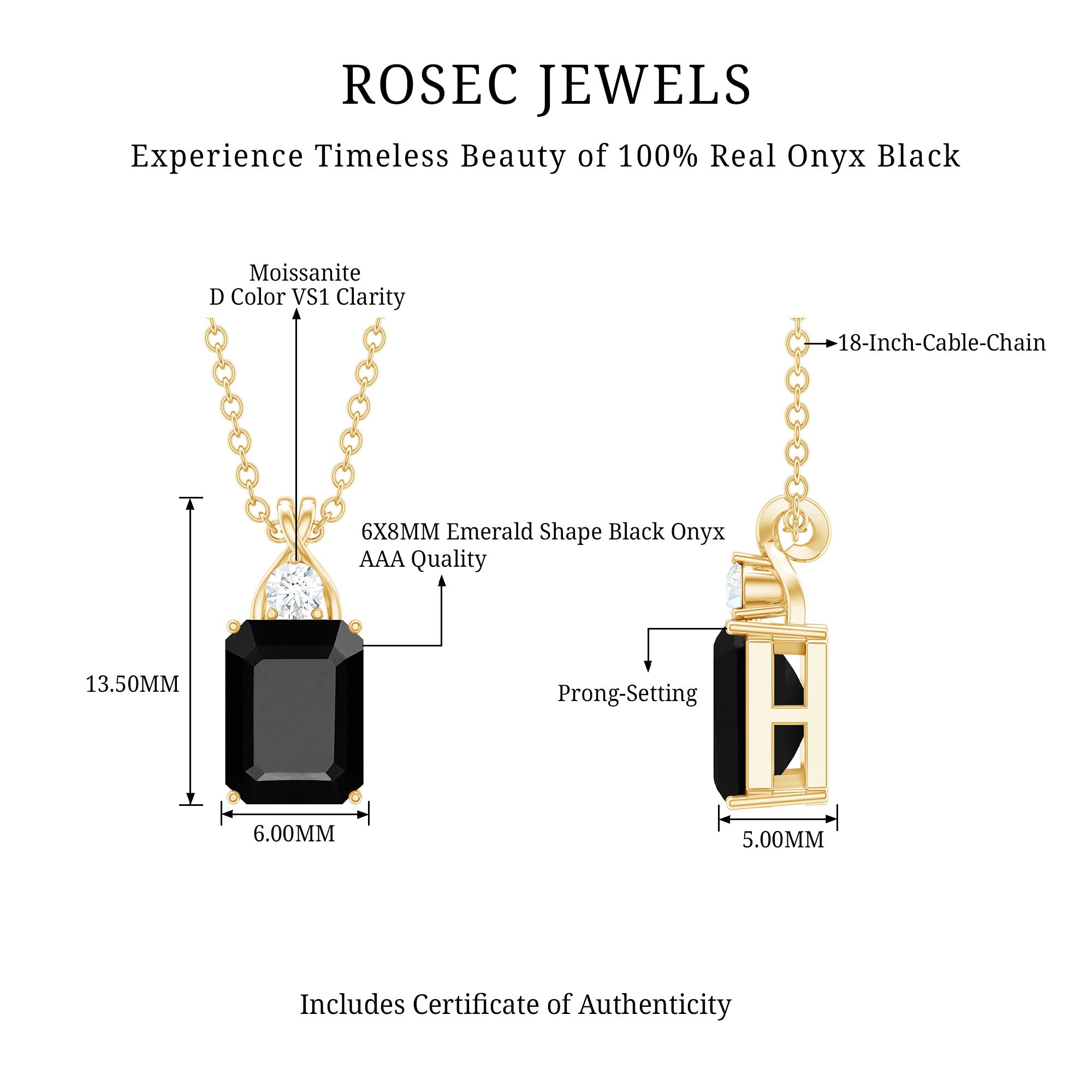 Natural 2 CT Black Onyx Emerald Cut Necklace With Chain AAA - Rosec Jewels