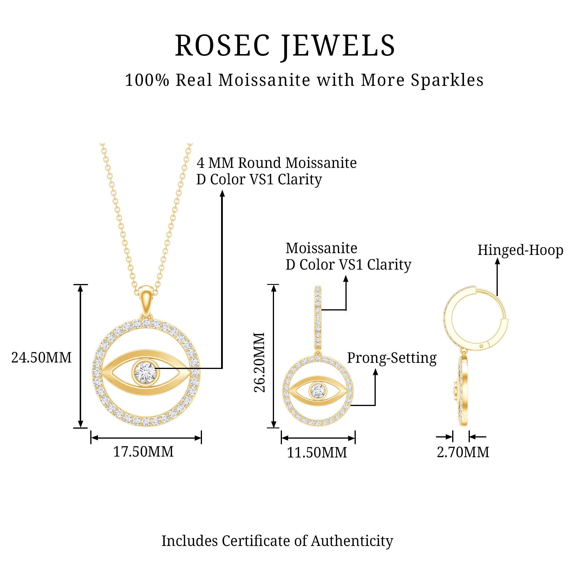 Certified Moissanite Evil Eye Necklace and Earrings Set D-VS1 - Rosec Jewels