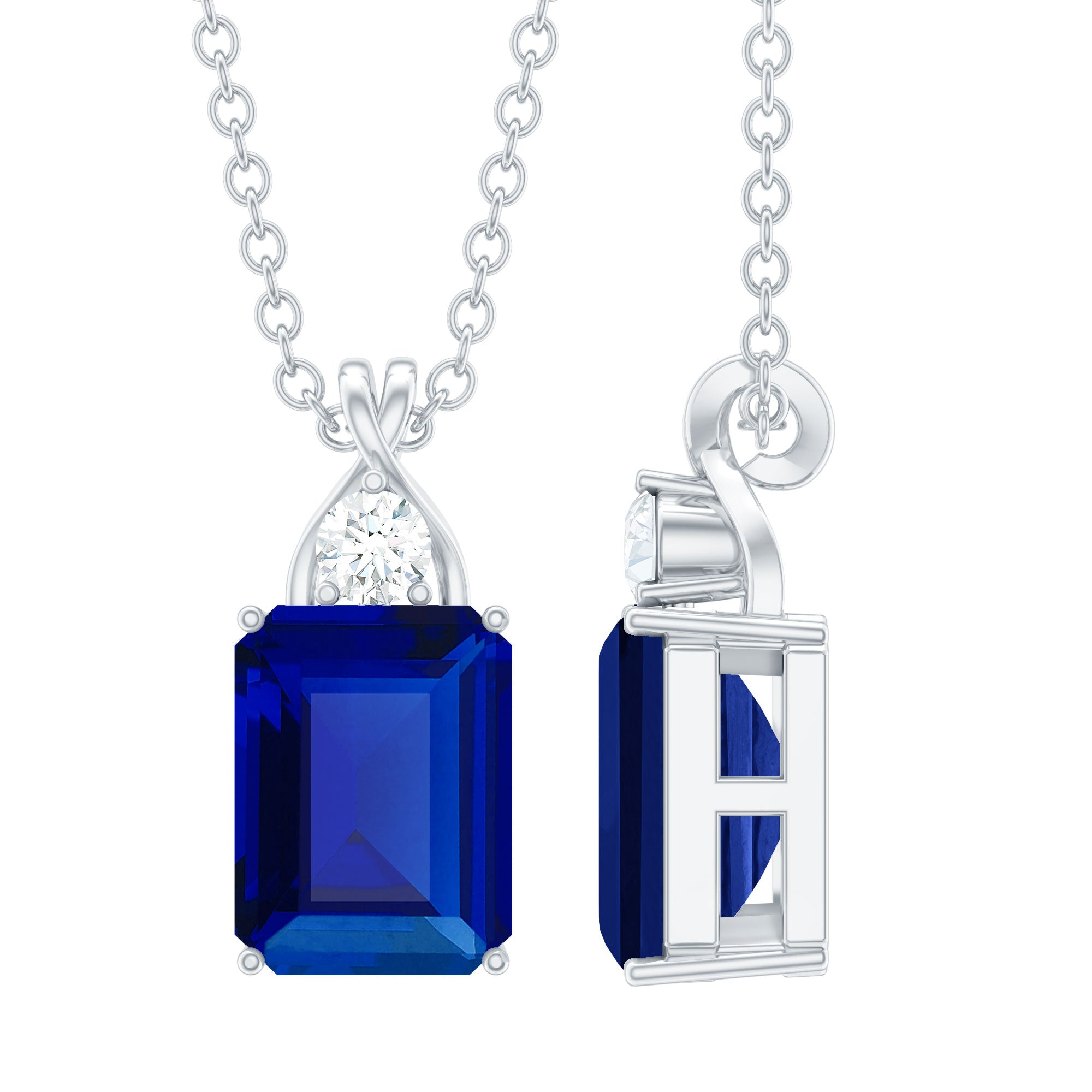 Emerald Cut Created Blue Sapphire Solitaire Pendant with Moissanite