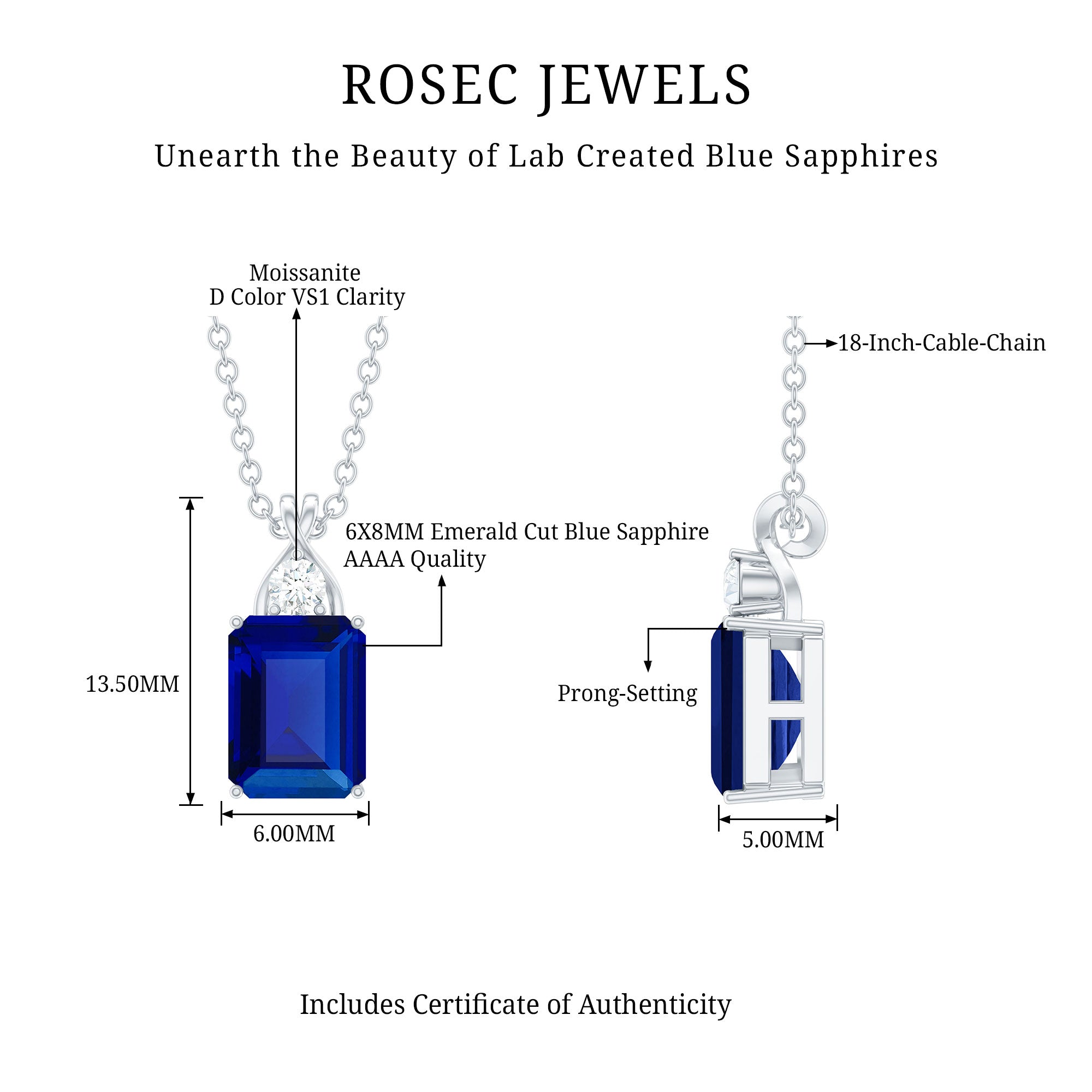 Certified Lab Created Blue Sapphire Emerald Cut Necklace with Chain AAAA - Rosec Jewels