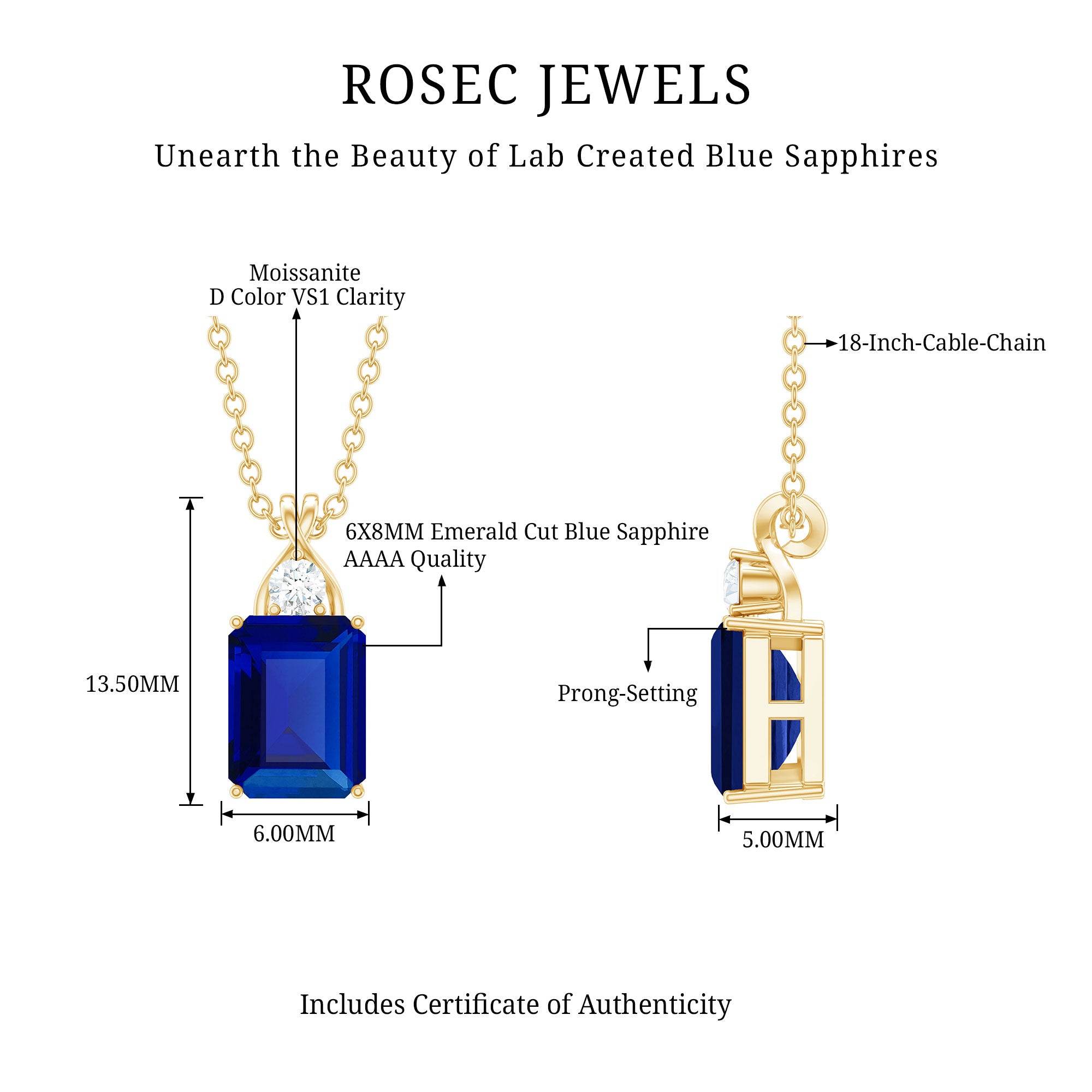 Certified Lab Created Blue Sapphire Emerald Cut Necklace with Chain AAAA - Rosec Jewels