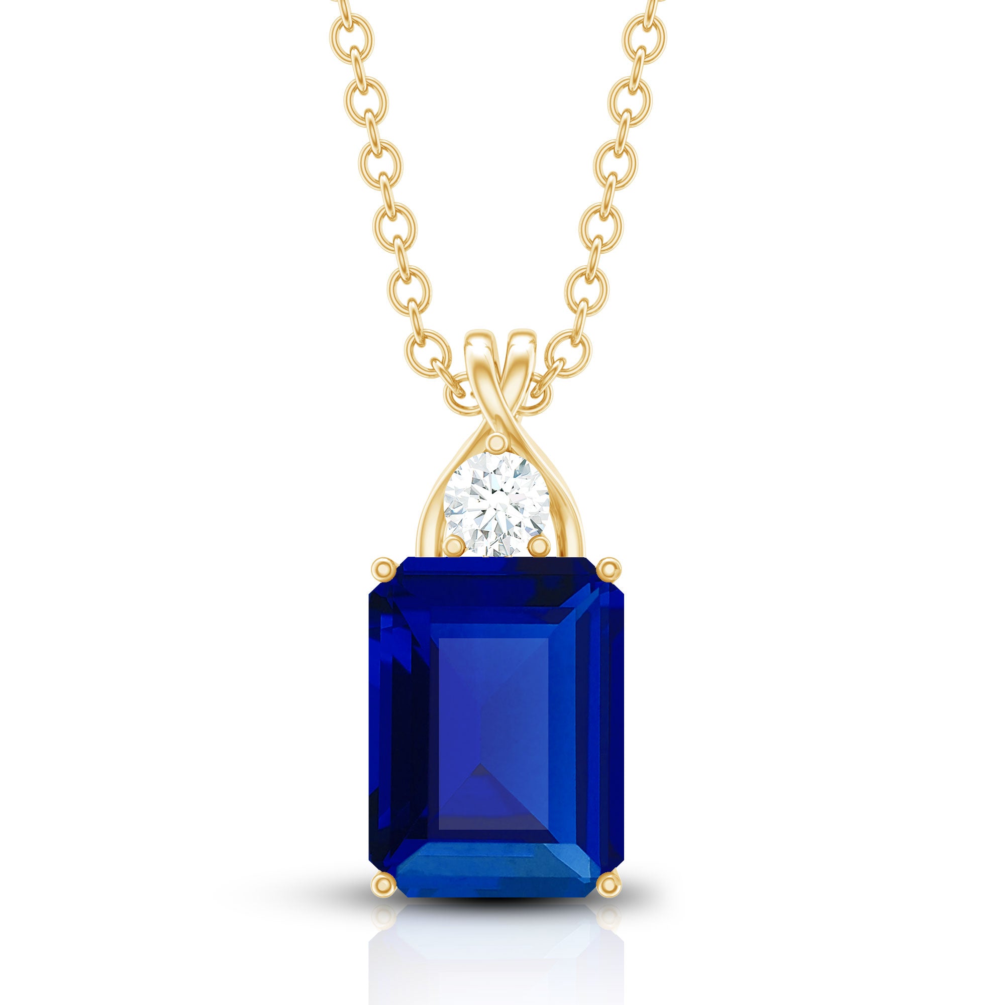 Certified Lab Created Blue Sapphire Emerald Cut Necklace with Chain AAAA - Rosec Jewels