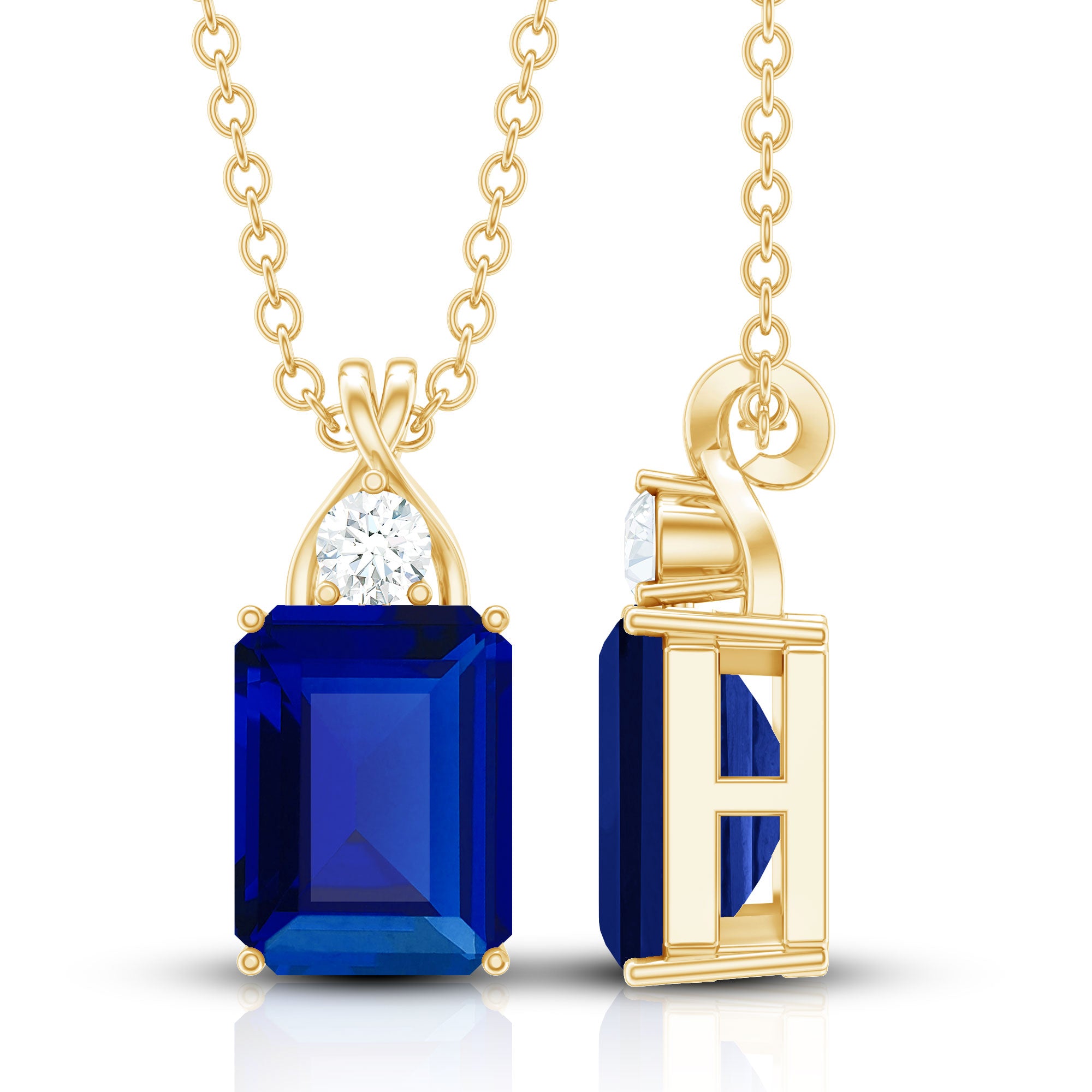 Certified Lab Created Blue Sapphire Emerald Cut Necklace with Chain AAAA - Rosec Jewels
