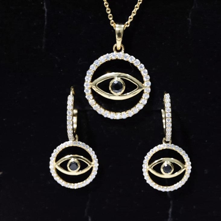 Black Onyx Evil Eye Necklace and Earrings Set with Certificate AAA - Rosec Jewels