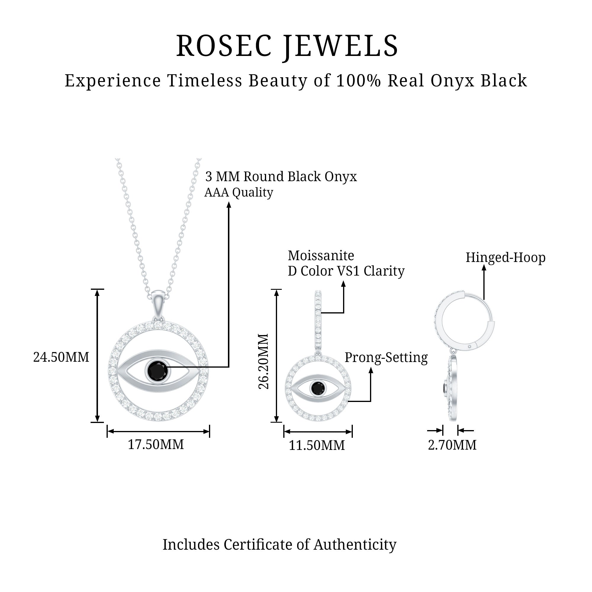 Black Onyx Evil Eye Necklace and Earrings Set with Certificate AAA - Rosec Jewels