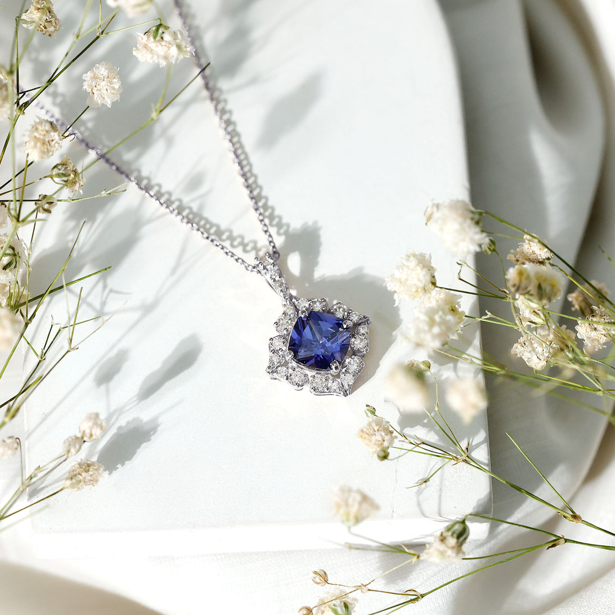 Vintage Inspired Lab Grown Blue Sapphire and Diamond Necklace AAAA - Rosec Jewels