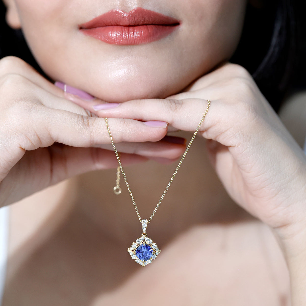 Vintage Inspired Lab Grown Blue Sapphire and Diamond Necklace AAAA - Rosec Jewels