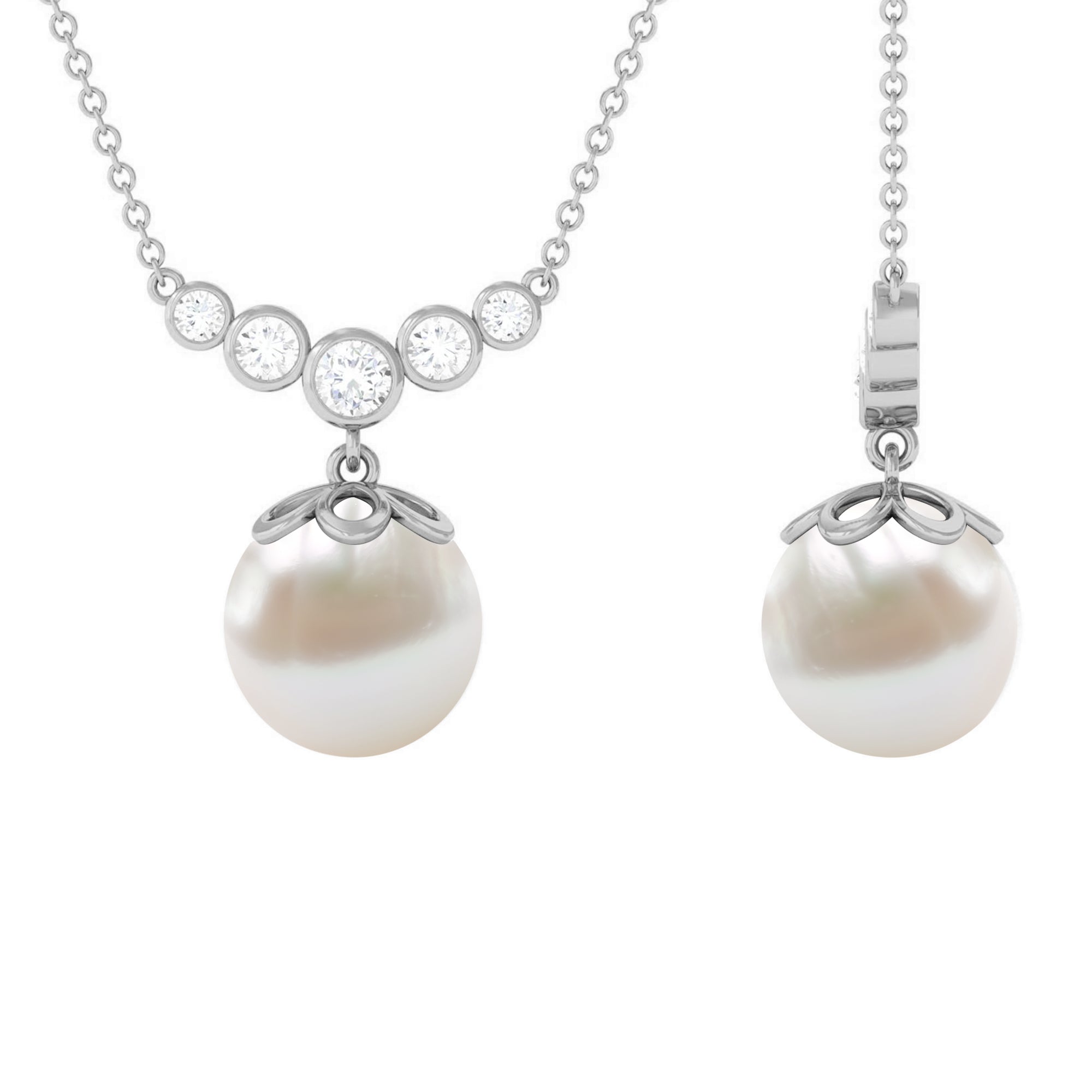Round Freshwater Pearl Designer Necklace with Bezel Set Diamond