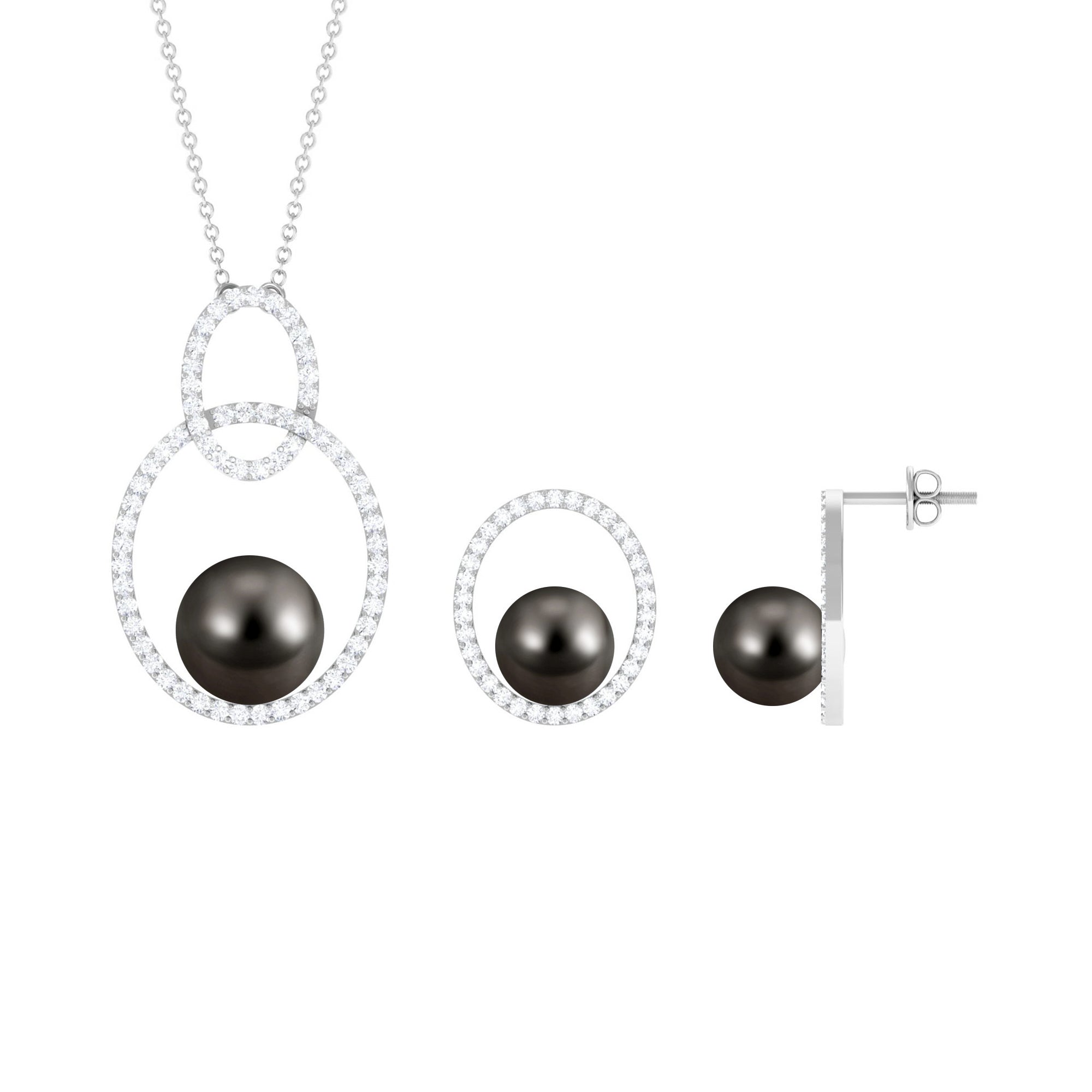Open Oval Shape Necklace Earrings Set with Round Tahitian Pearl and Moissanite