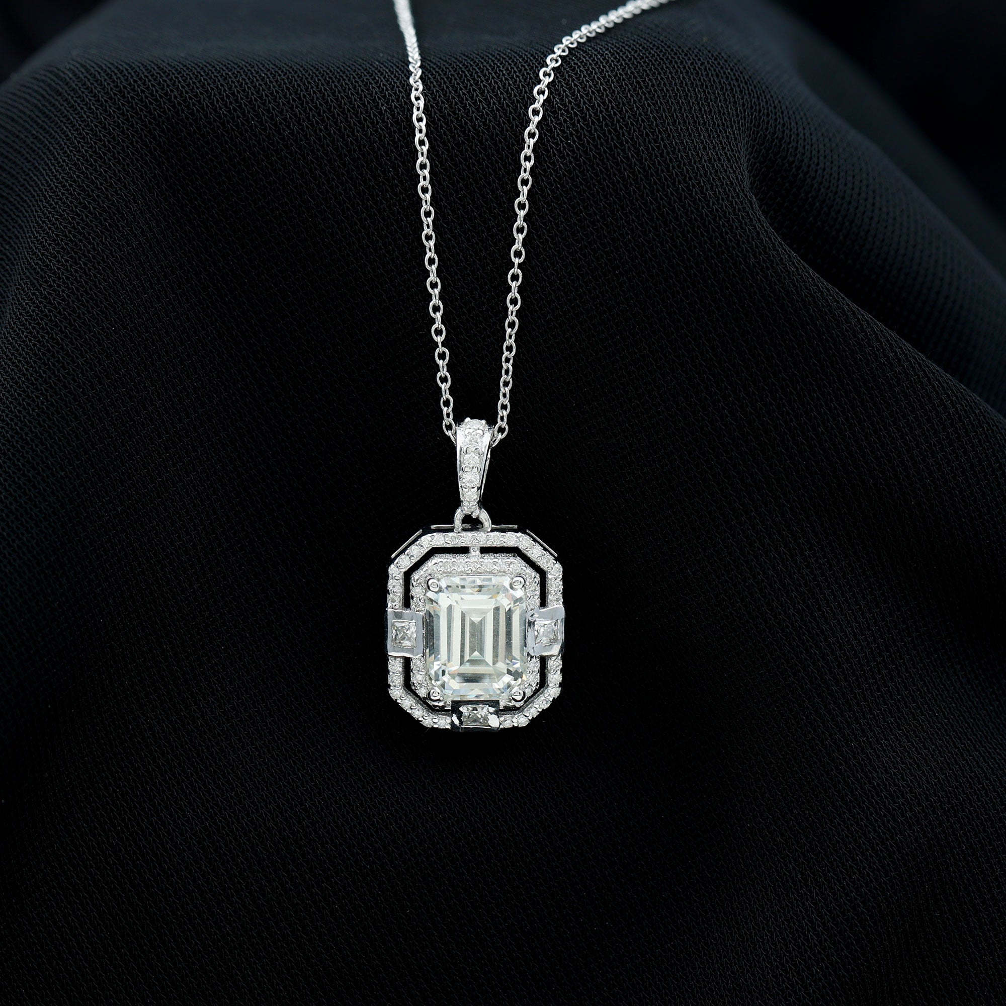 Vintage Style Emerald Cut Moissanite Halo Pendant Necklace D-VS1 - Rosec Jewels