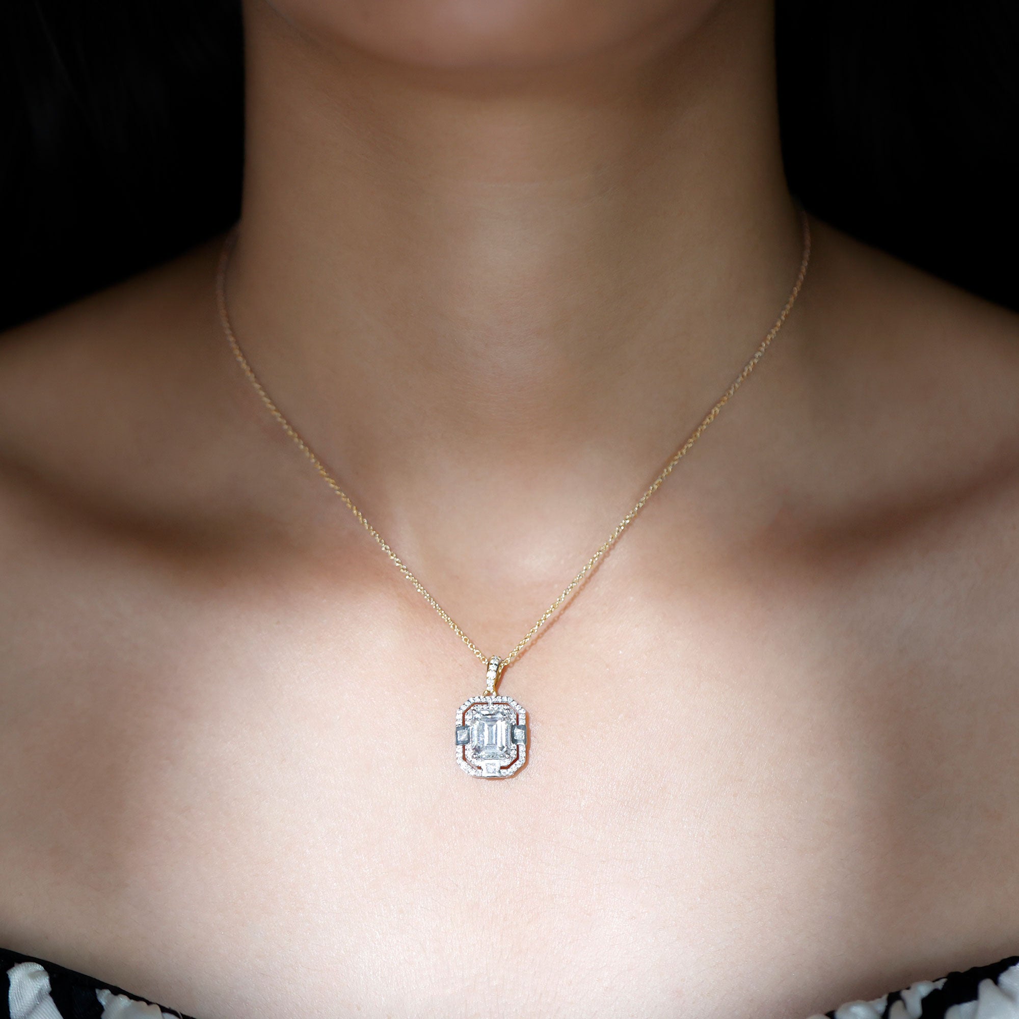 Vintage Style Emerald Cut Moissanite Halo Pendant Necklace D-VS1 - Rosec Jewels