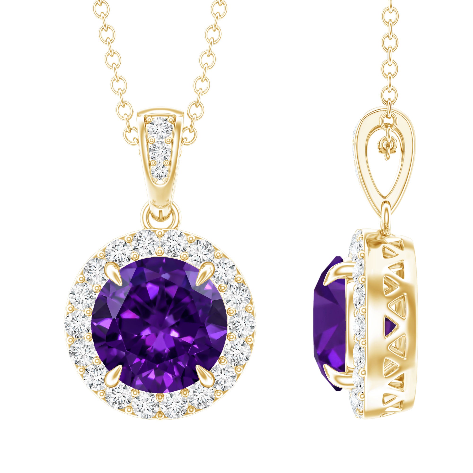 Natural 2 Carat Amethyst Pendant Necklace with Diamond Halo AAA - Rosec Jewels