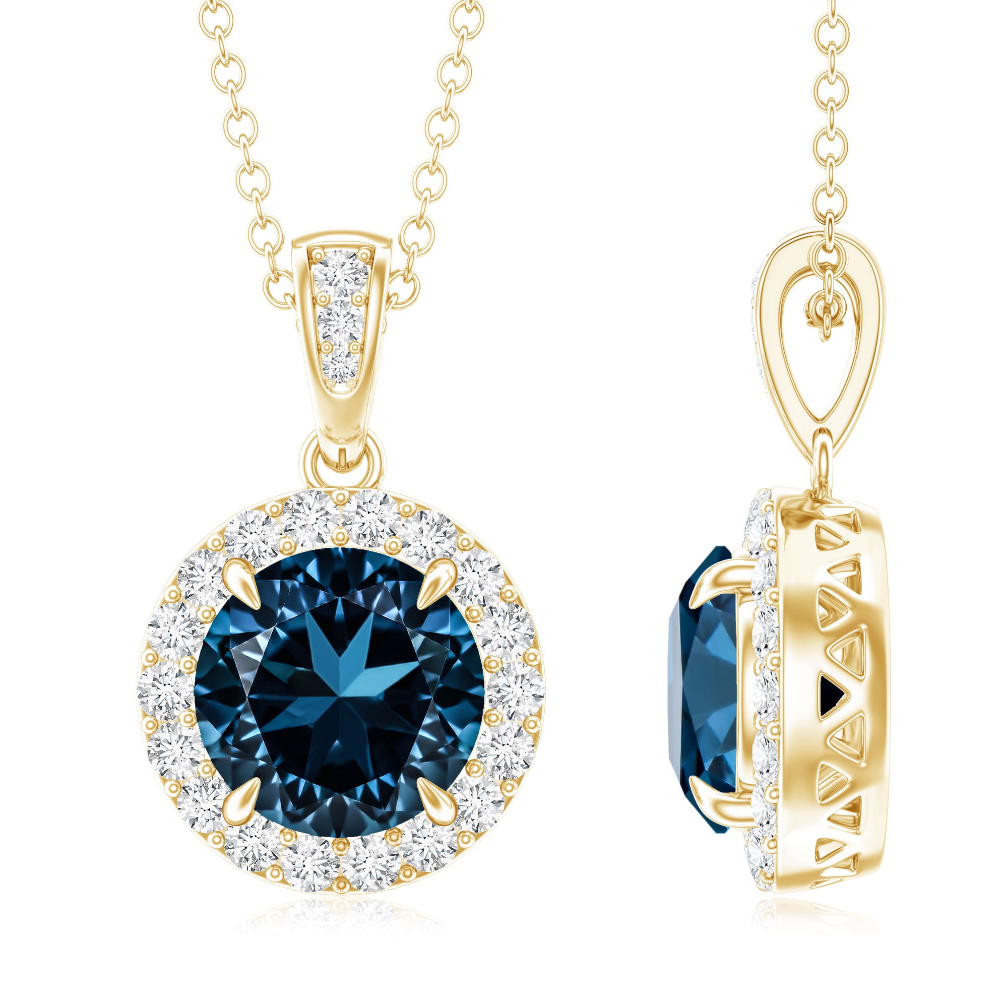 2 Carat London Blue Topaz Round Halo Pendant with Diamond AAA - Rosec Jewels