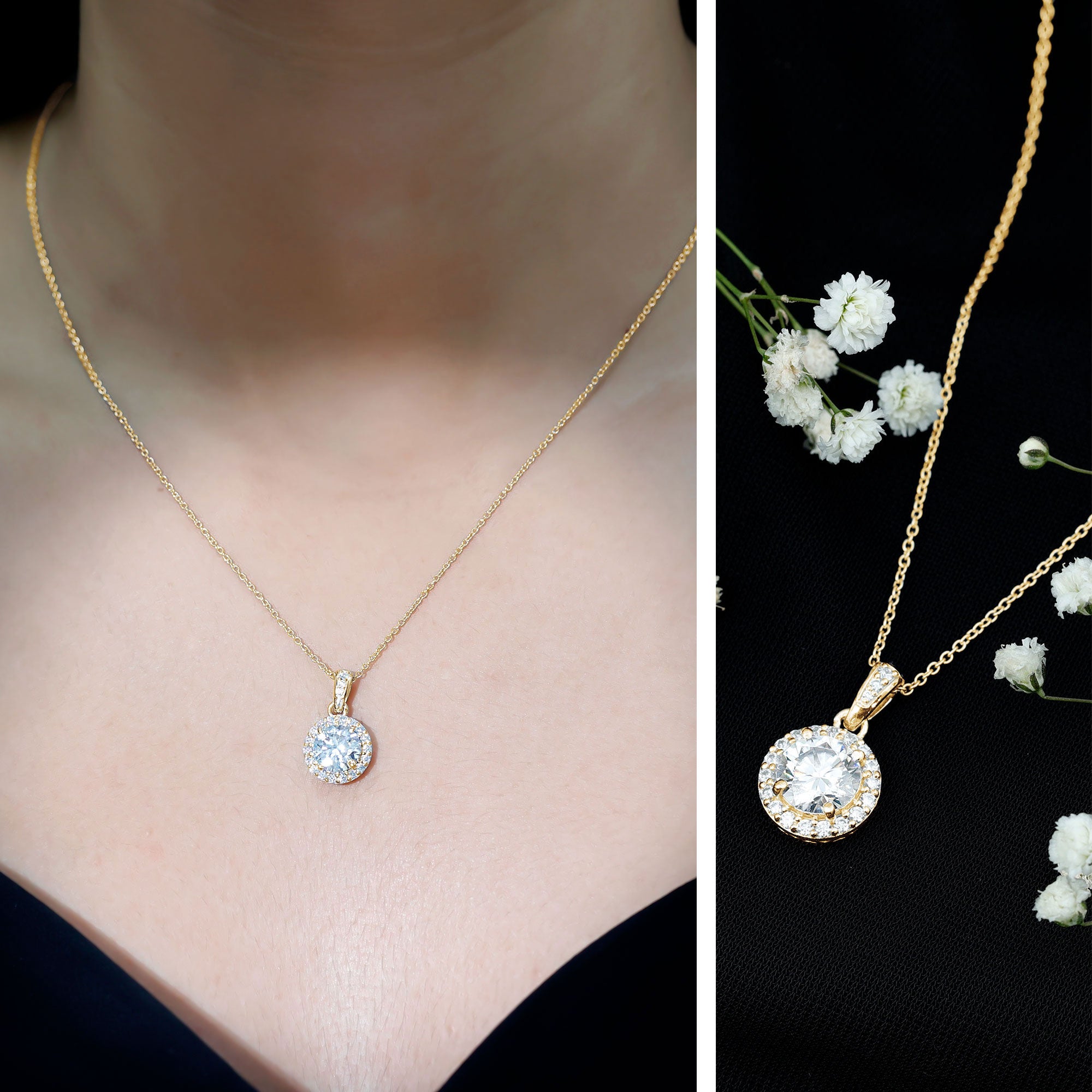 Round Moissanite Classic Halo Pendant Necklace D-VS1 - Rosec Jewels