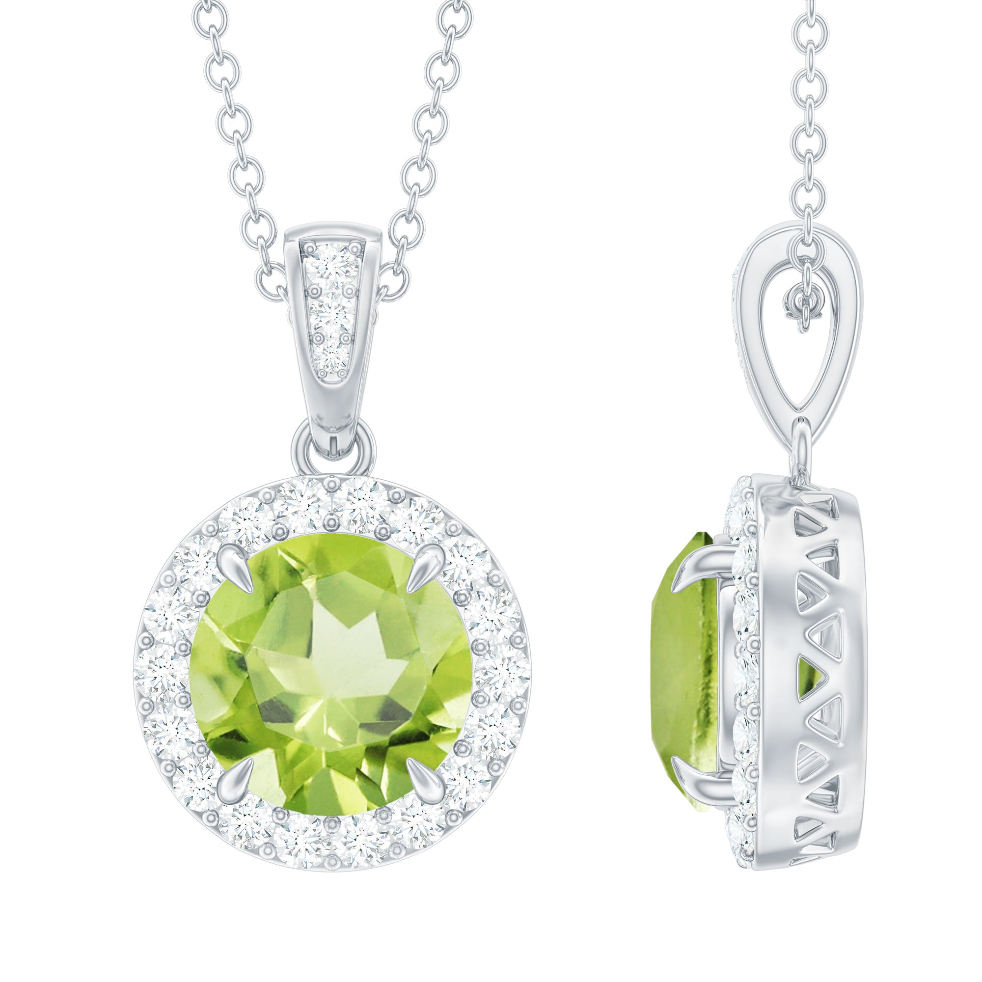 Claw Set Round Peridot and Diamond Halo Pendant