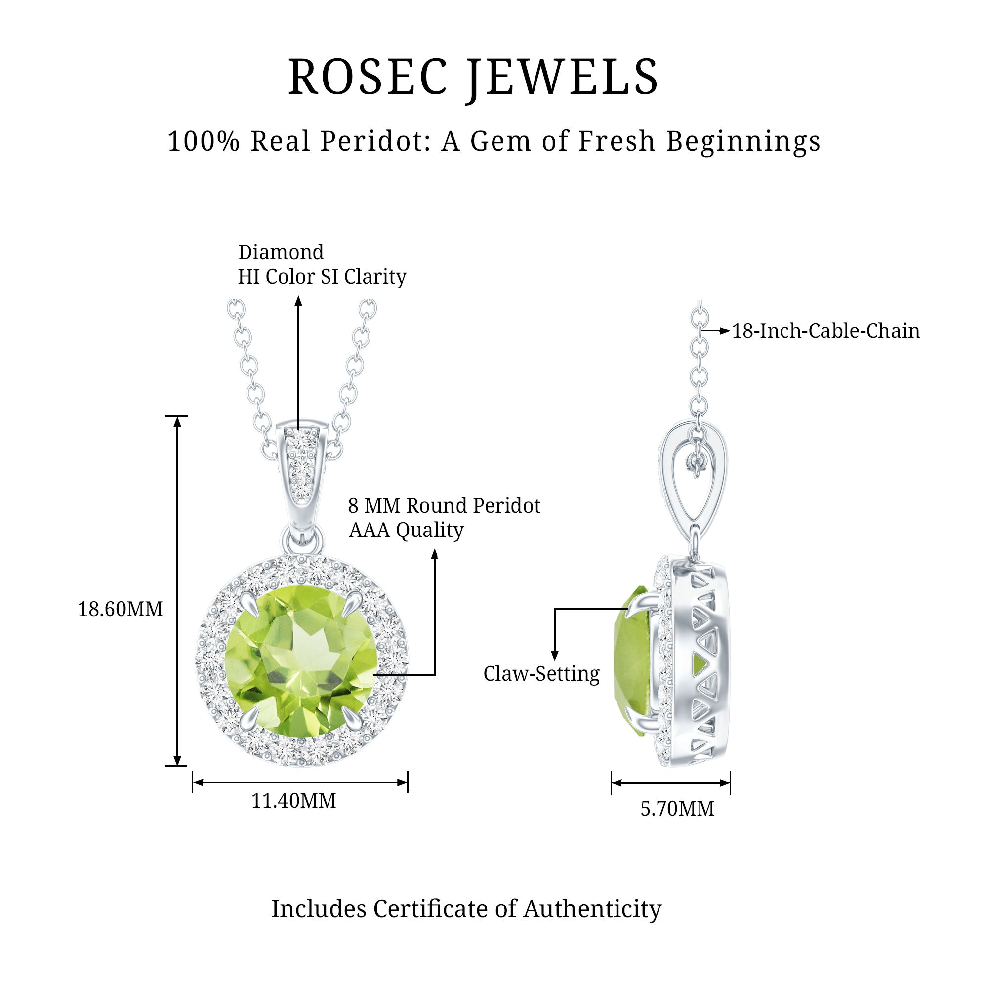 2 Carat Round Peridot and Diamond Halo Pendant Necklace AAA - Rosec Jewels