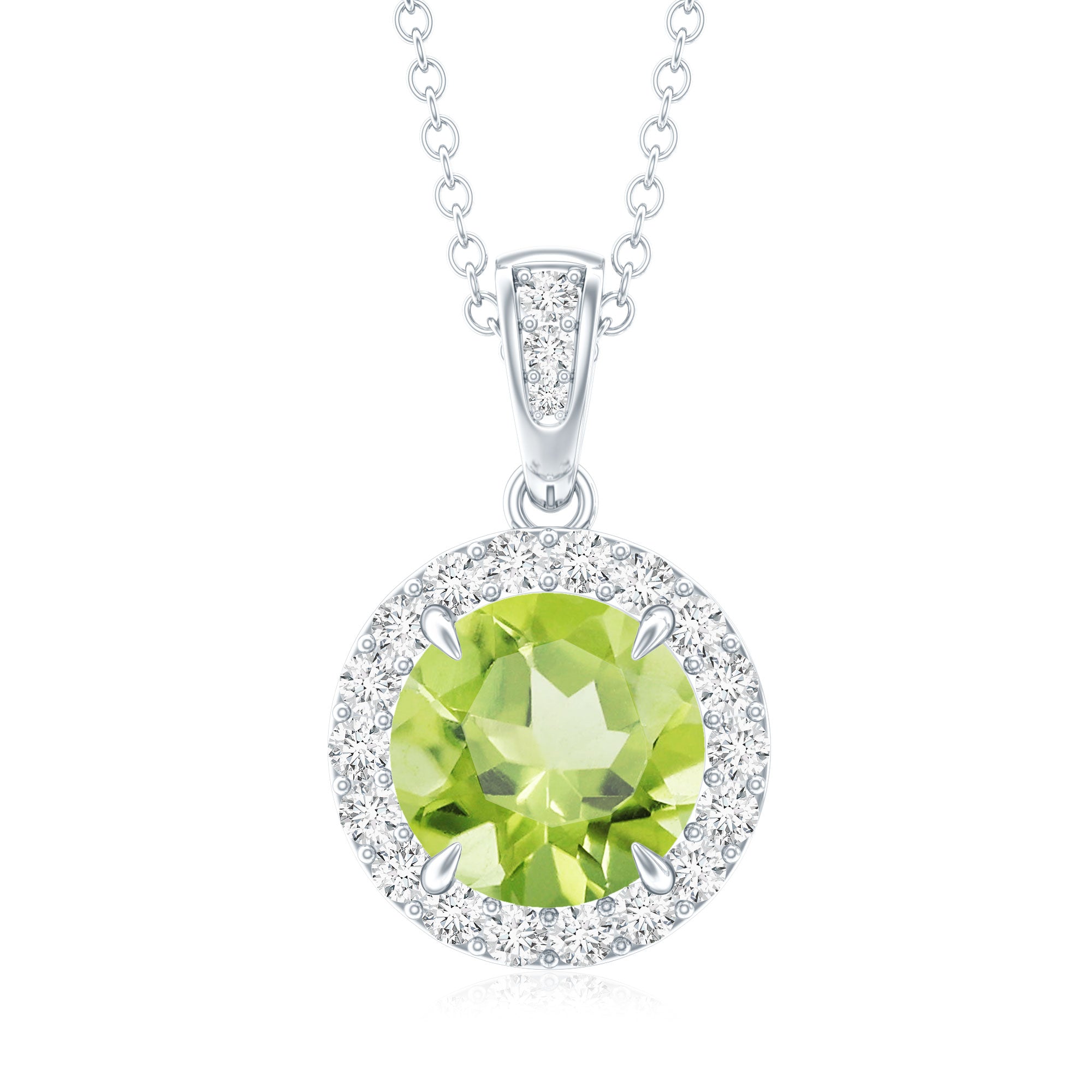 2 Carat Round Peridot and Diamond Halo Pendant Necklace AAA - Rosec Jewels