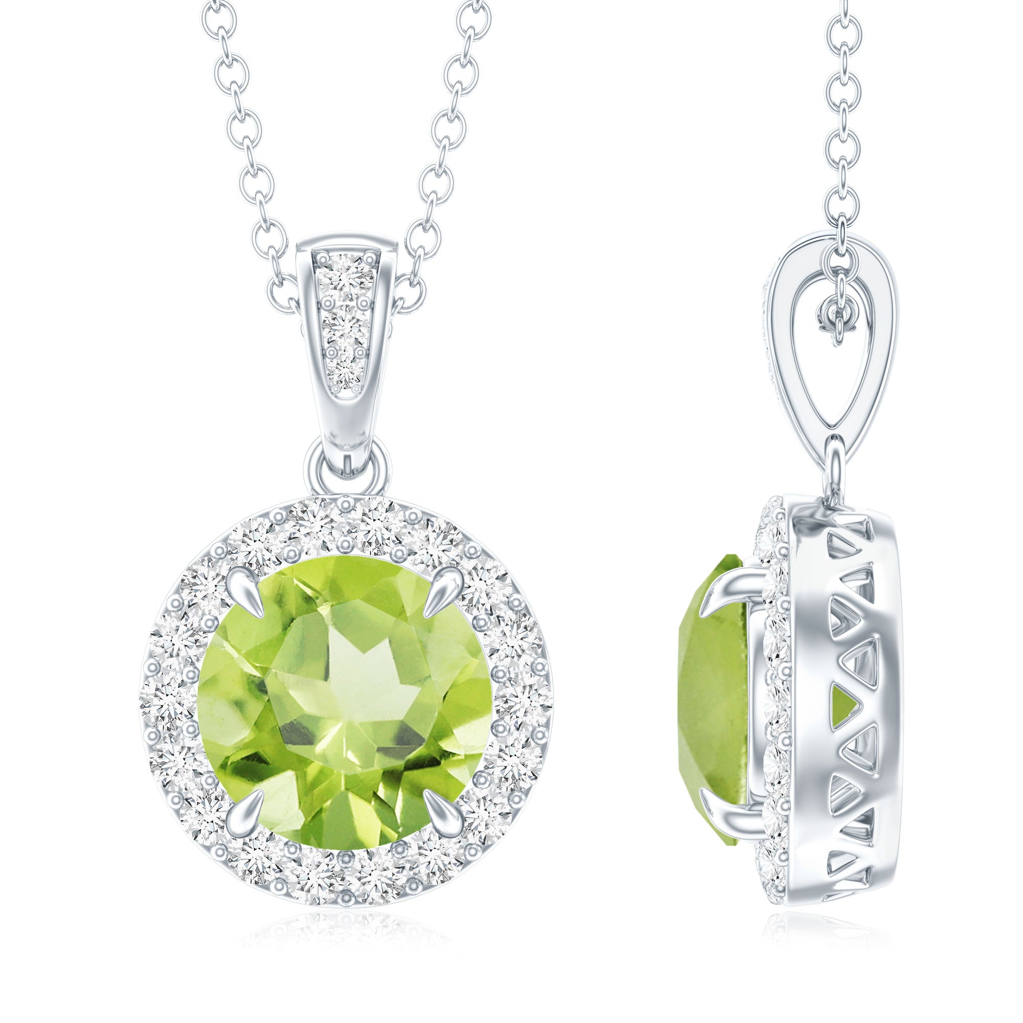 2 Carat Round Peridot and Diamond Halo Pendant Necklace AAA - Rosec Jewels