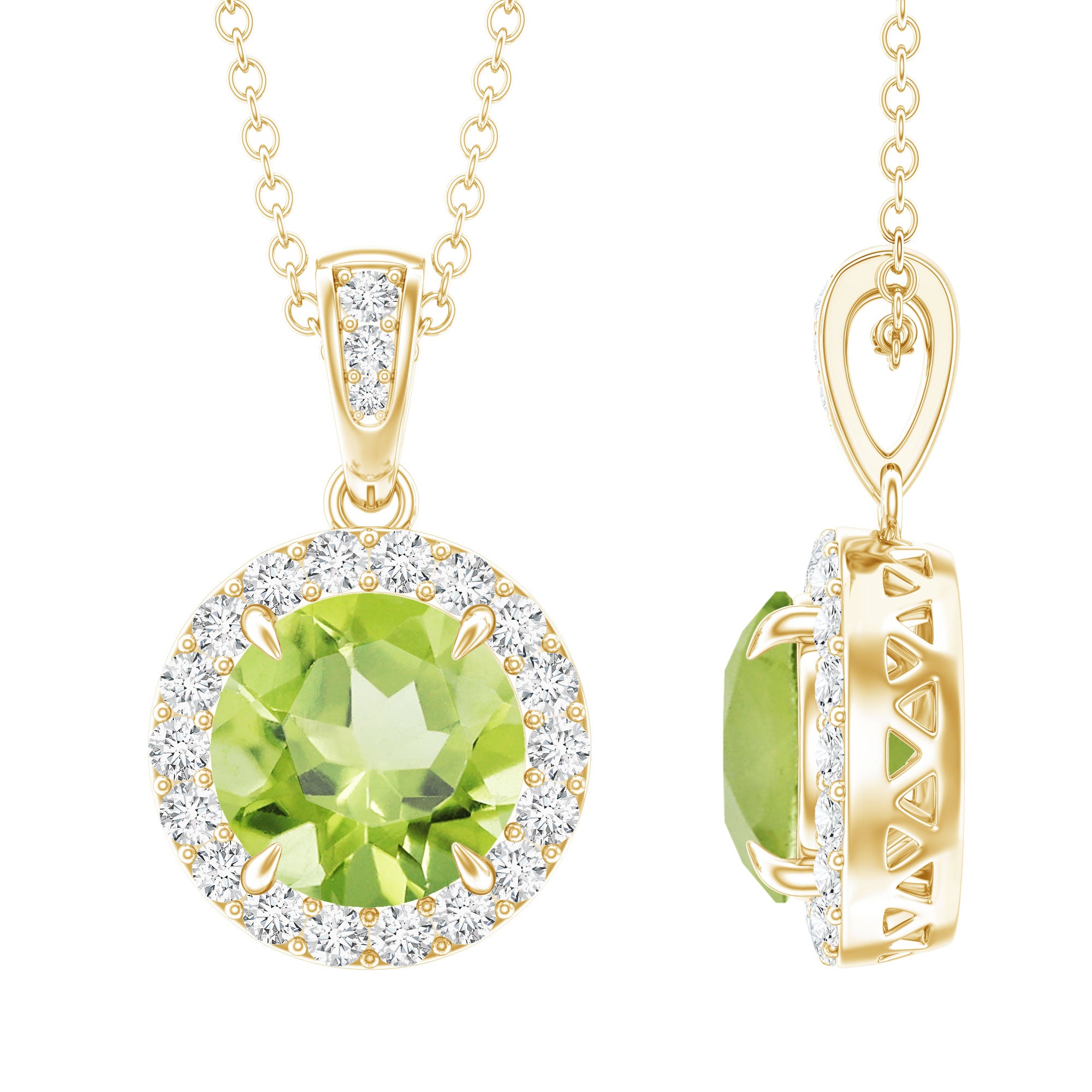 2 Carat Round Peridot and Diamond Halo Pendant Necklace AAA - Rosec Jewels