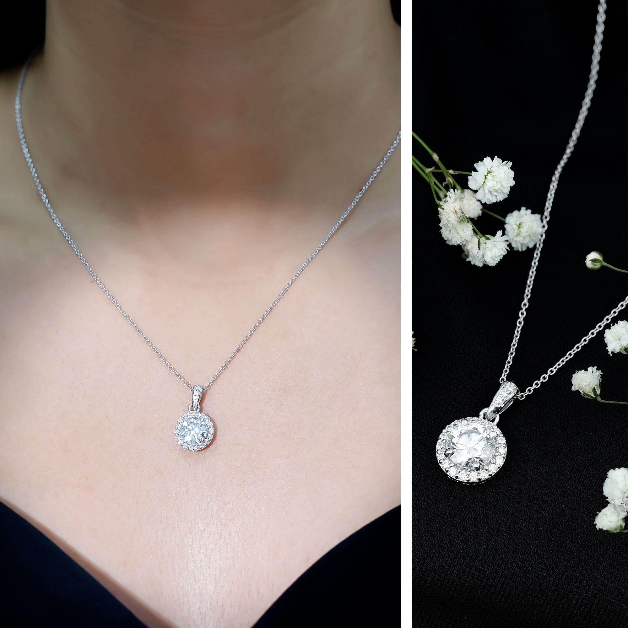 Round Cubic Zirconia Classic Halo Pendant AAAAA - Rosec Jewels