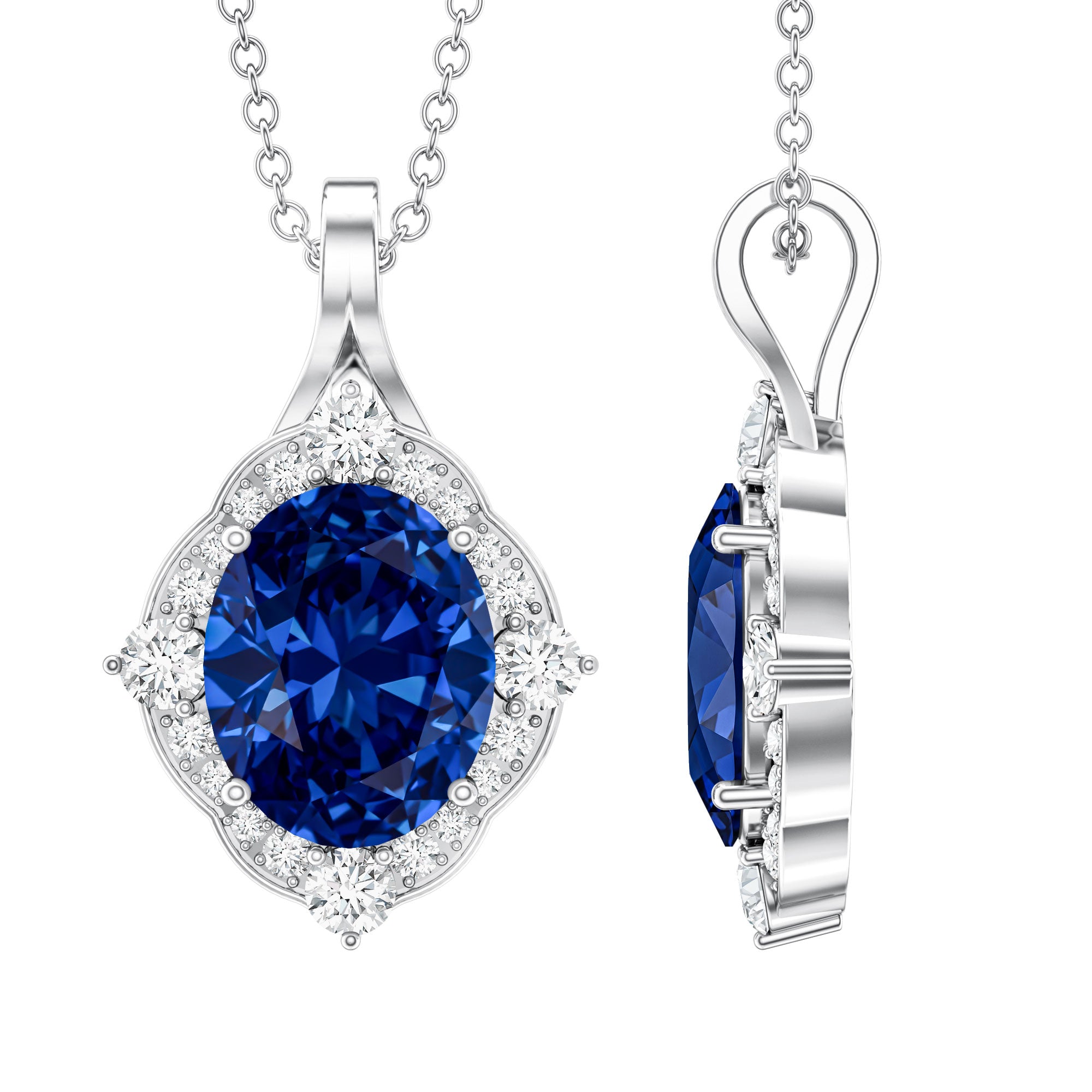 Lab Grown Blue Sapphire and Diamond Vintage Necklace AAAA - Rosec Jewels