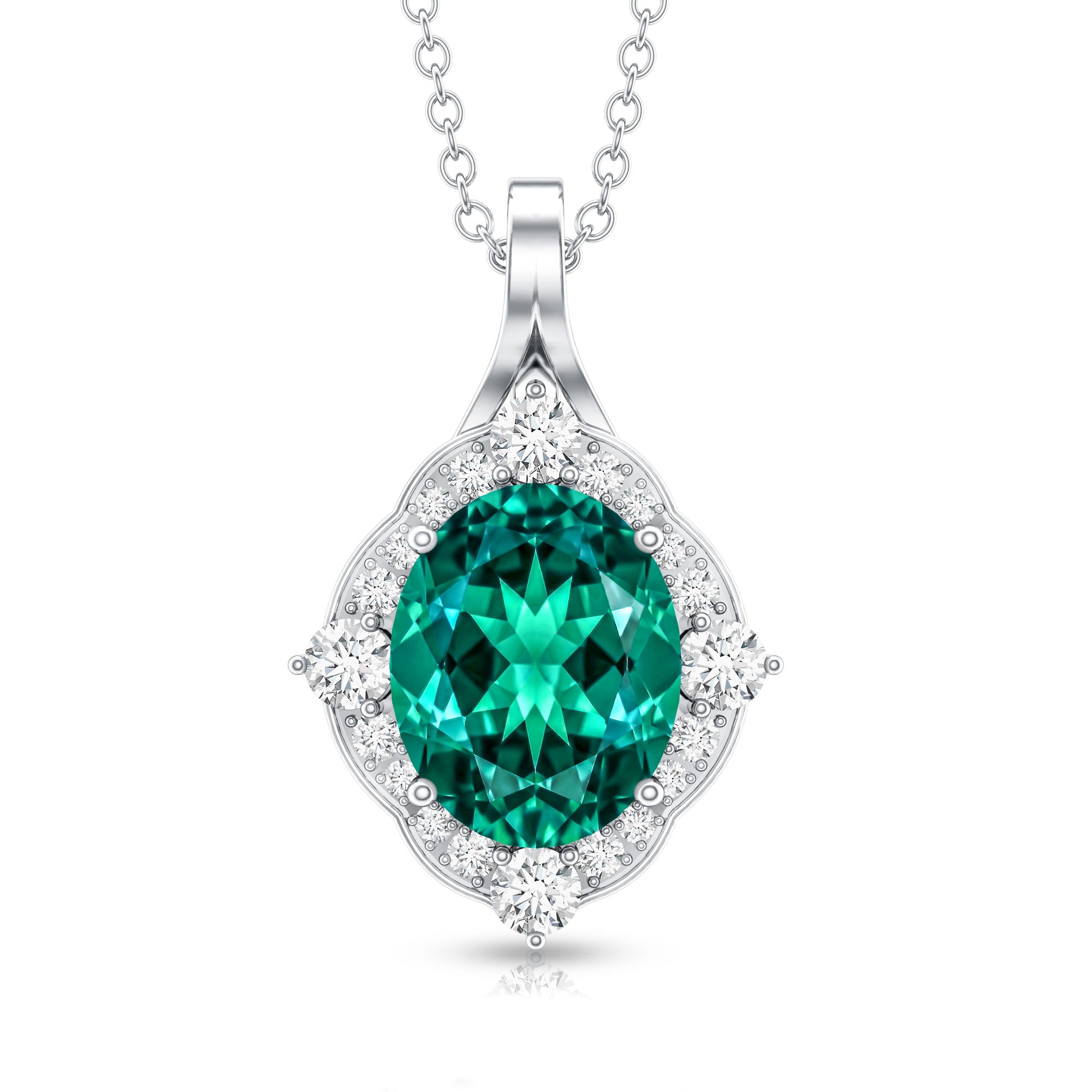 Certified 3 Carat Oval Lab Emerald and Diamond Vintage Necklace AAAA - Rosec Jewels