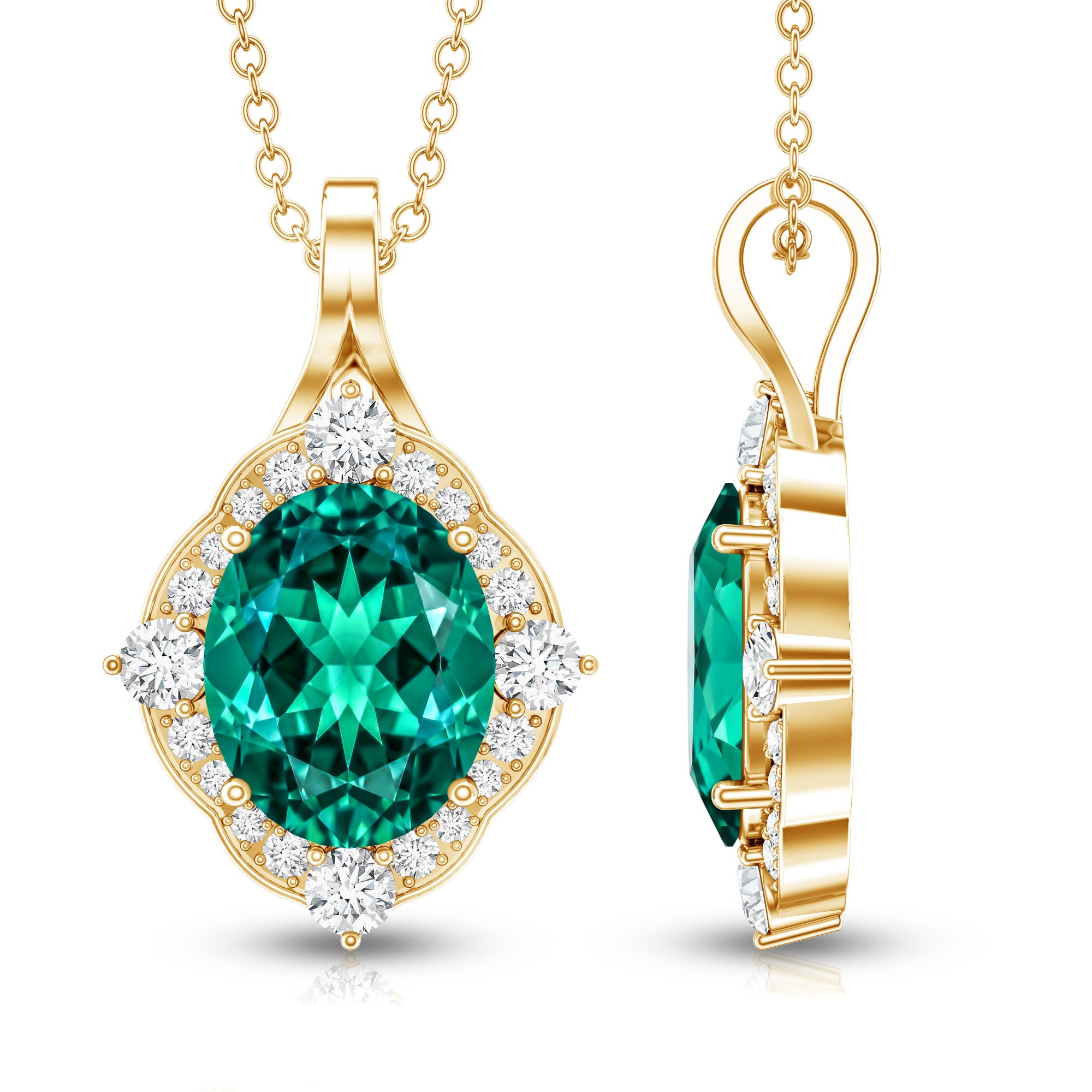 Certified 3 Carat Oval Lab Emerald and Diamond Vintage Necklace AAAA - Rosec Jewels