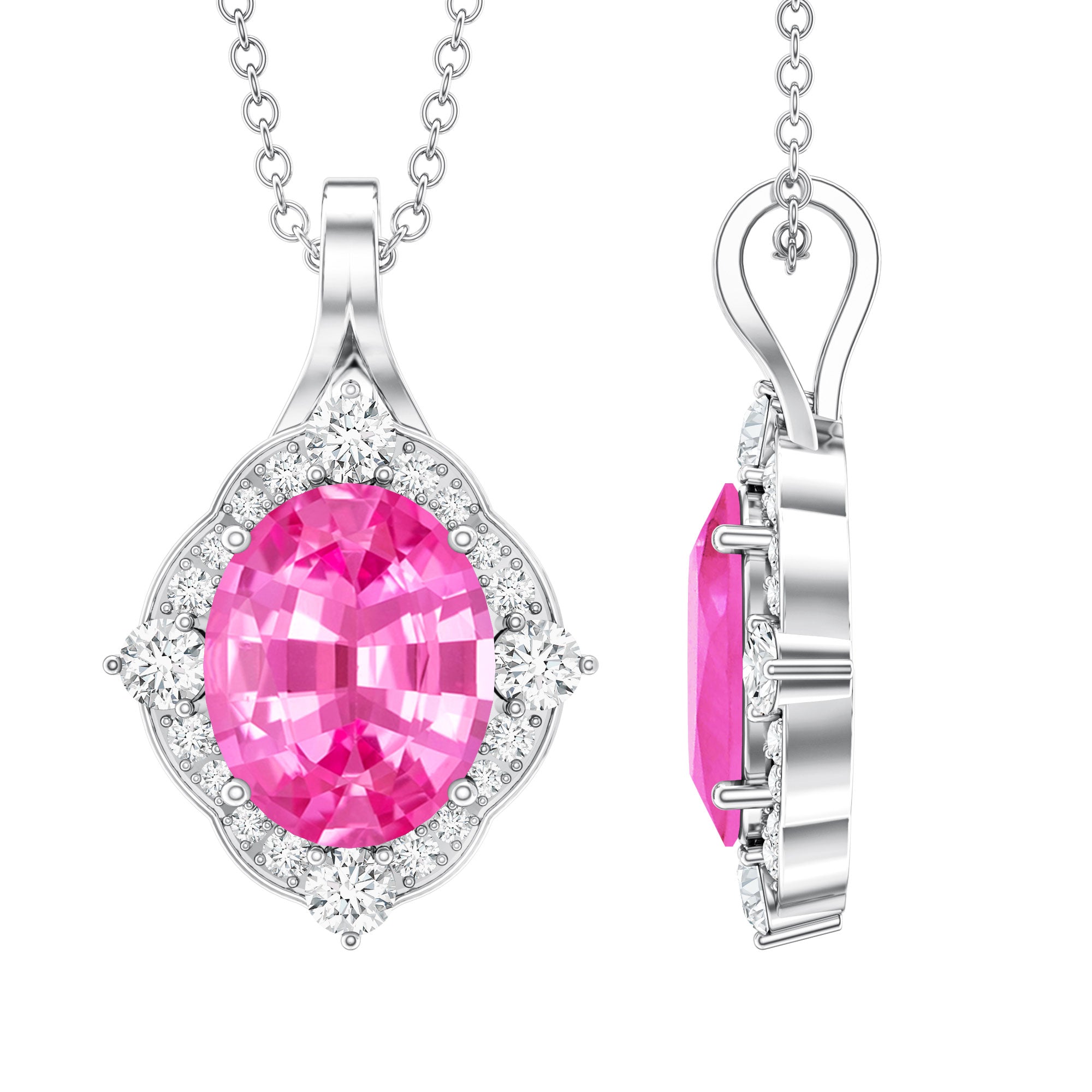 4 Carat Oval Lab Created Pink Sapphire Vintage Pendant with Diamonds AAAA - Rosec Jewels